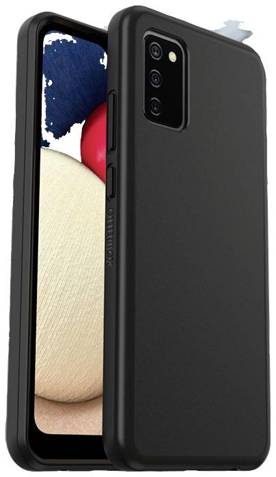 Czarny smartfon w etui, z widoczną tylną kamerą z trzema obiektywami, ekran wyświetla abstrakcyjną sztukę.