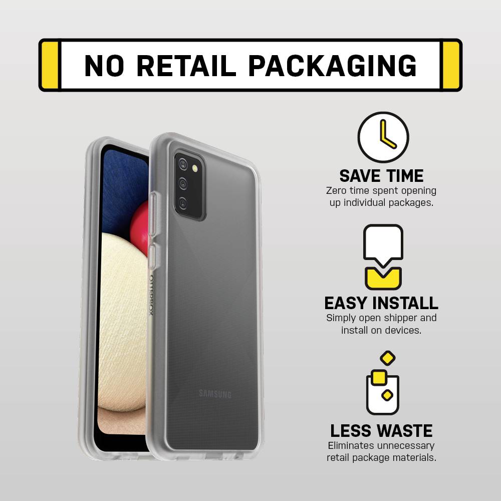 Rysunek przedstawia smartfon bez opakowania detalicznego. Trzy zalety to: 'Oszczędność czasu', 'Prosta instalacja' i 'Mniej odpadów'.