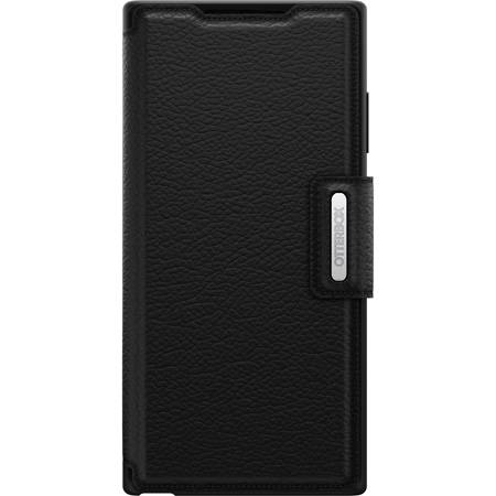 Czarna obudowa OtterBox z teksturowanym wzorem skóry i zapięciem.