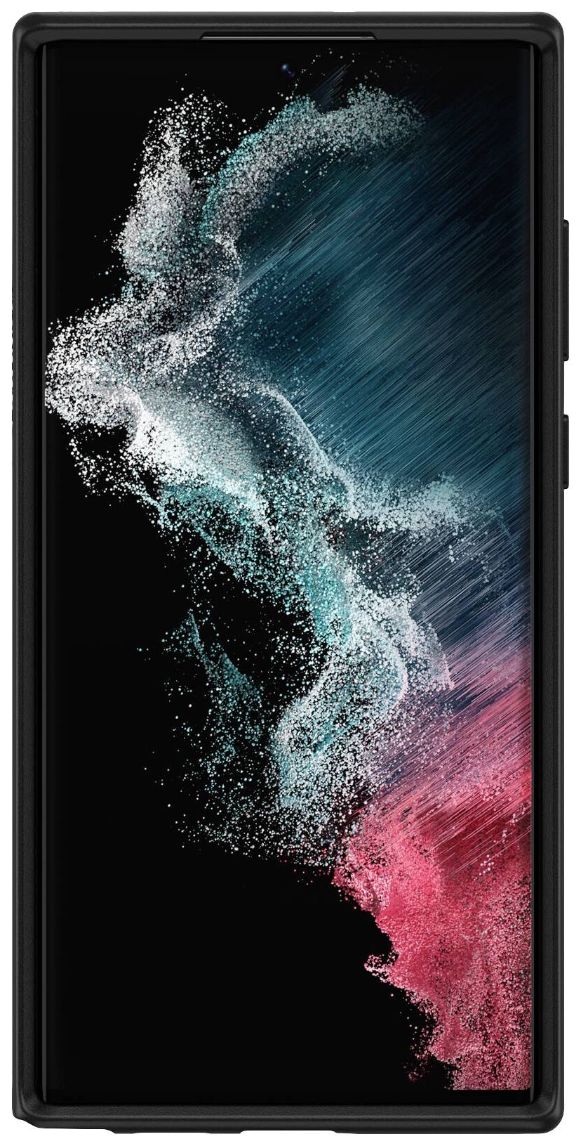 Smartfon z abstrakcyjnym tłem w odcieniach błękitu, różu i czerni, przedstawiającym ruch i dynamikę.