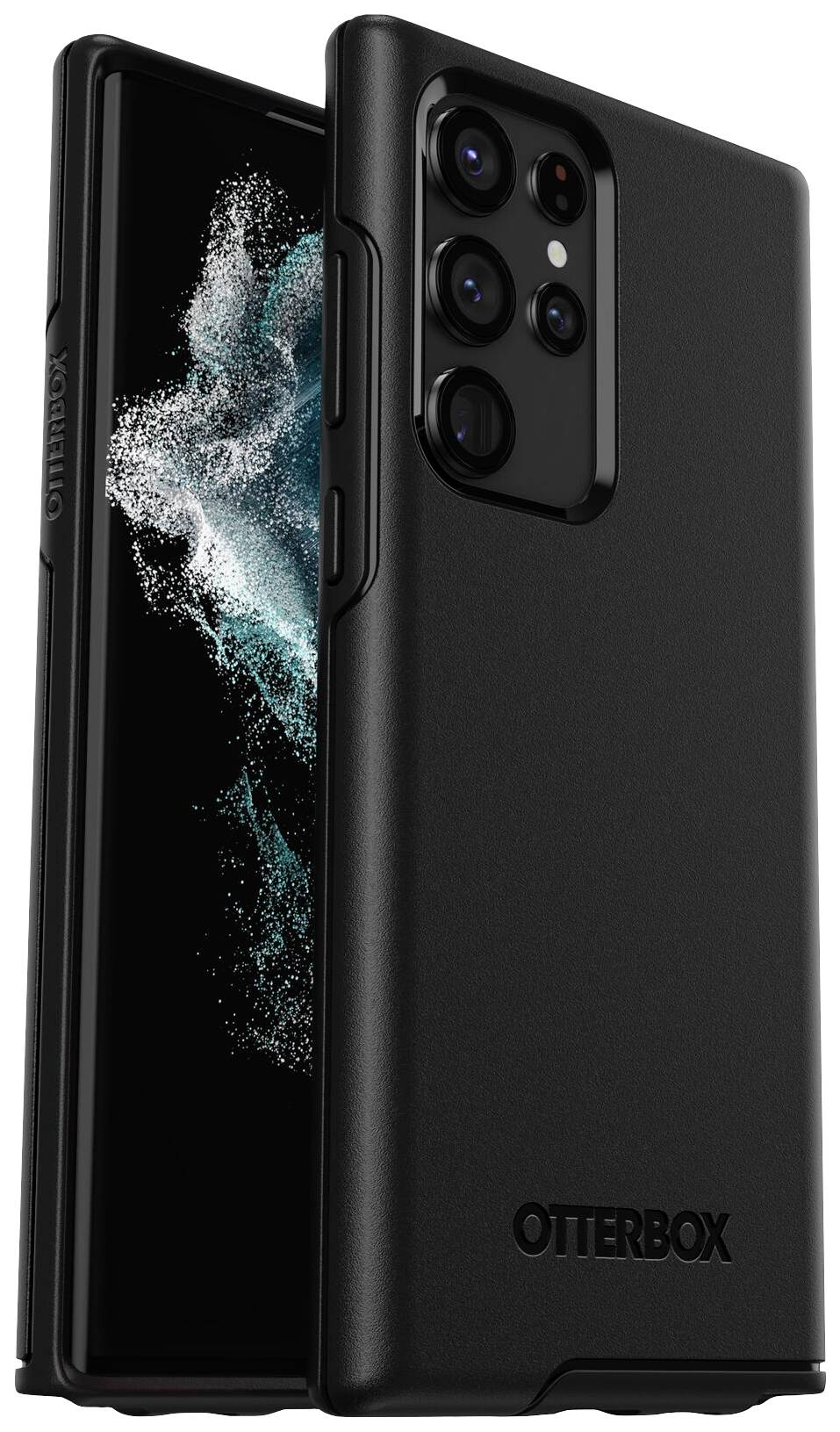 Telefon komórkowy z czarną obudową ochronną OtterBox, wyświetlacz pokazuje wzór w kolorach niebieskim i białym. Z tyłu widoczne obiektywy aparatu. Etui zapewnia solidną ochronę.