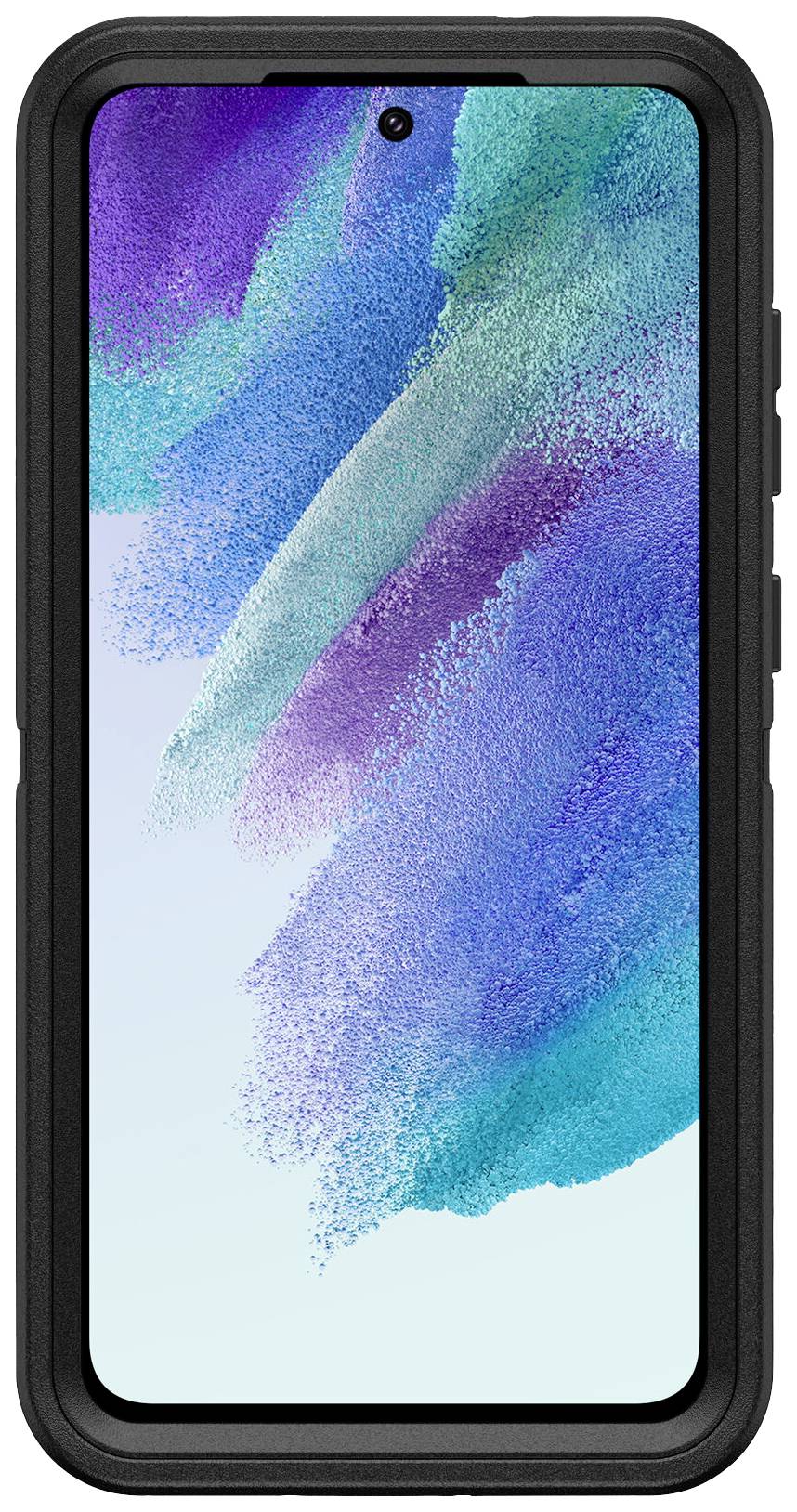 Smartfon z czarną obudową ochronną i kolorowym tłem na wyświetlaczu.