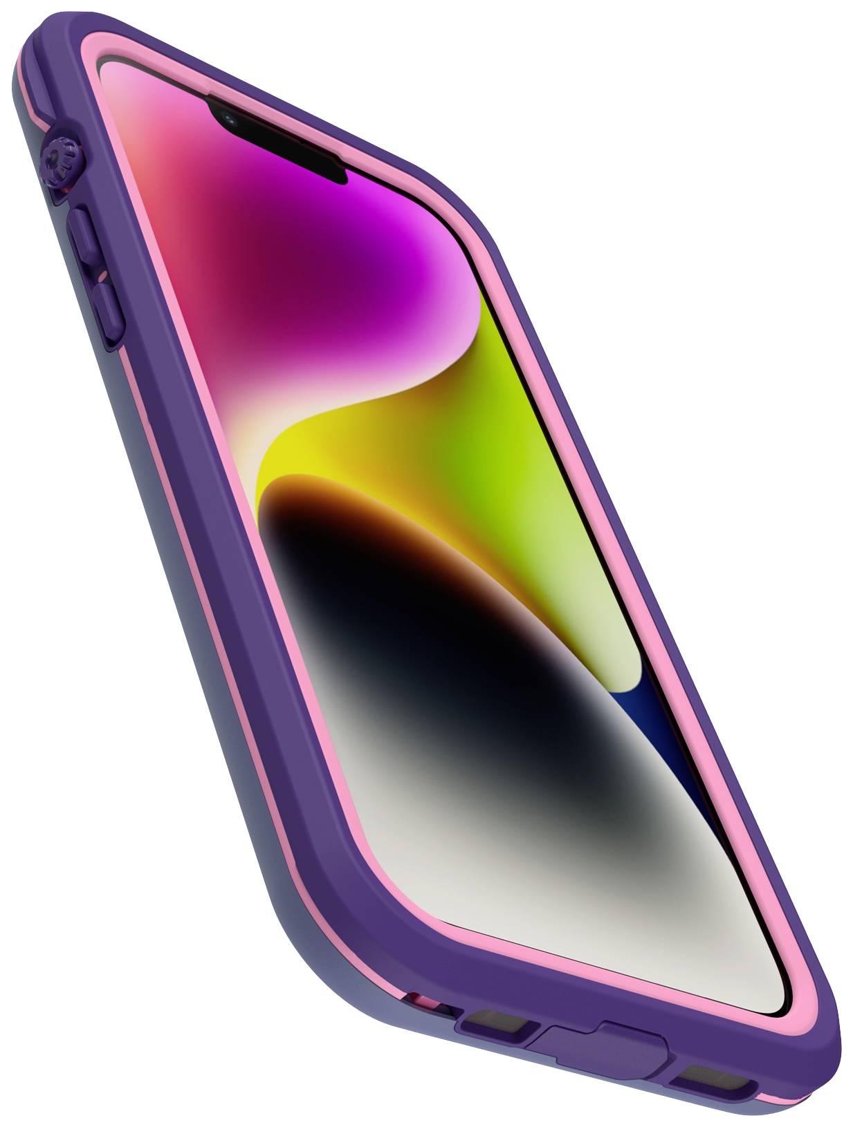 Smartfon z kolorowym wyświetlaczem i wytrzymałą, dwukolorową obudową w odcieniach fioletu i różu.