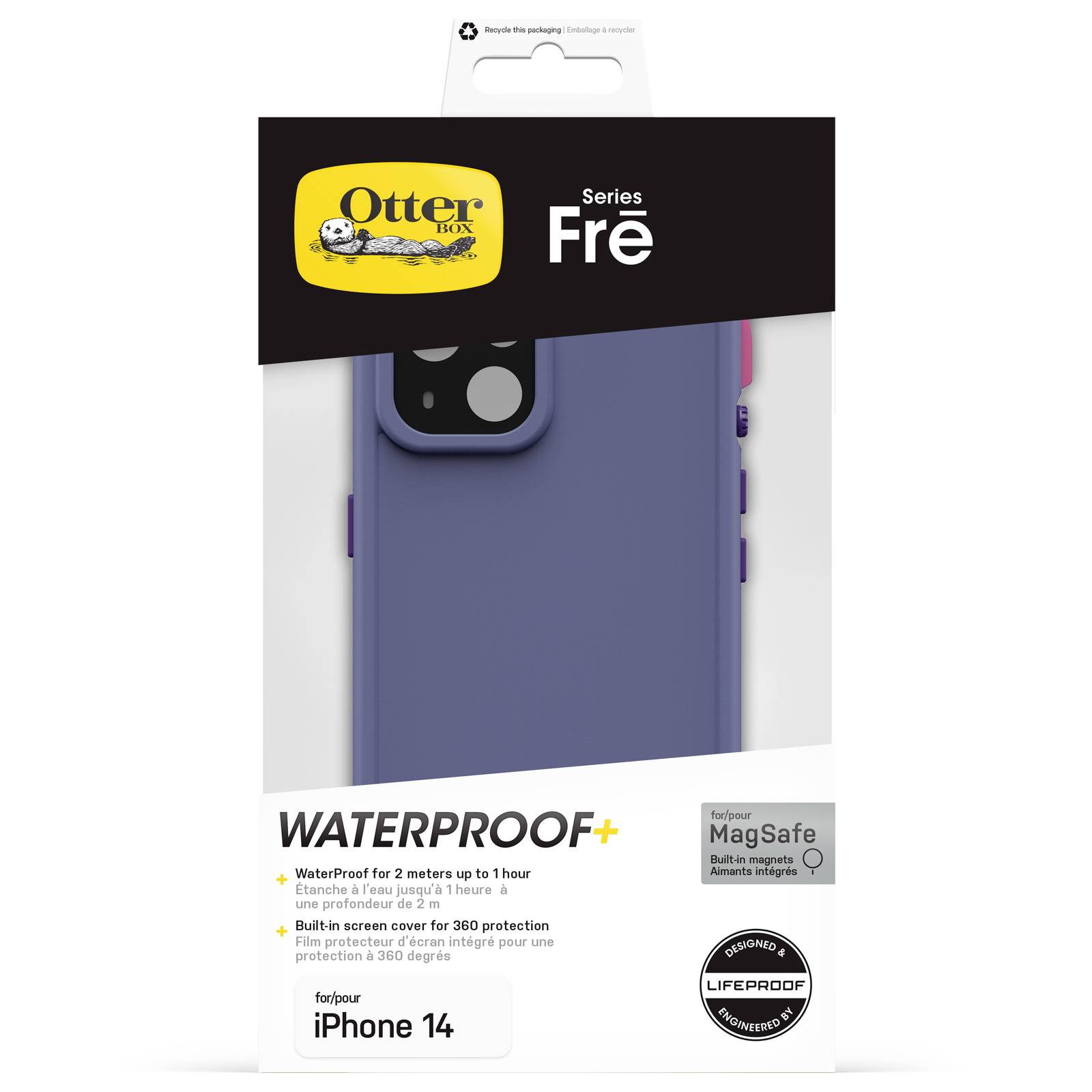 Opakowanie wodoszczelnego etui OtterBox dla iPhone 14, kompatybilnego z MagSafe. Zapewnia ochronę do 2 metrów głębokości przez 1 godzinę.