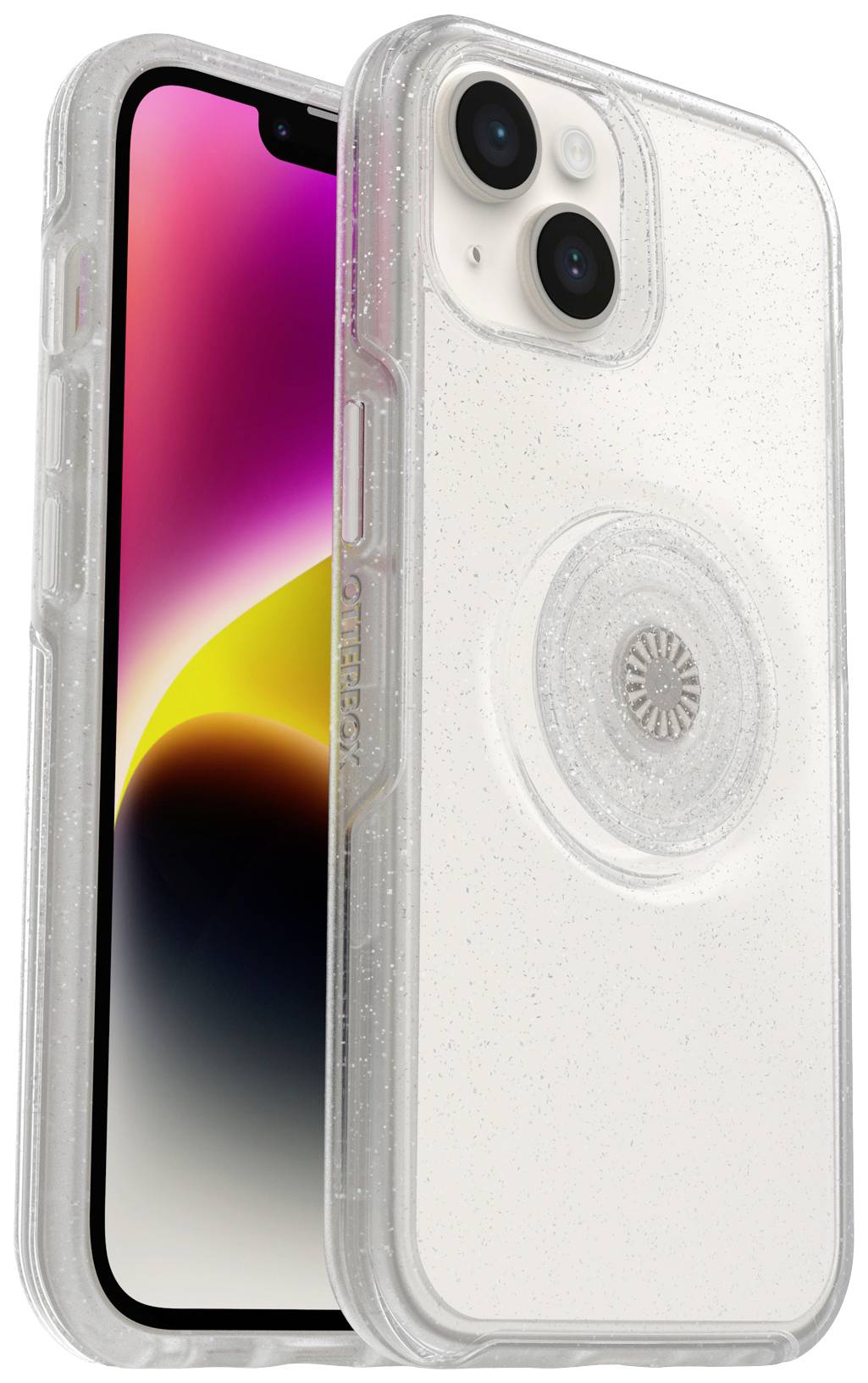 Przezroczyste etui na telefon z efektem brokatu i wbudowanym uchwytem na smartfonie z kolorowym ekranem.