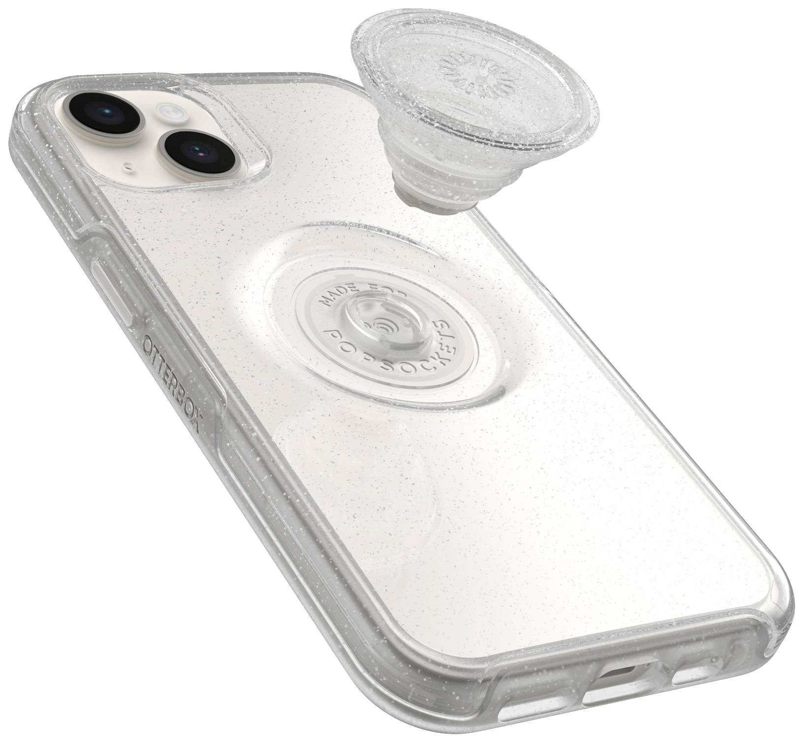 Przezroczyste etui na telefon z zintegrowanym, zdejmowanym uchwytem PopSocket, umieszczone obok smartfona.
