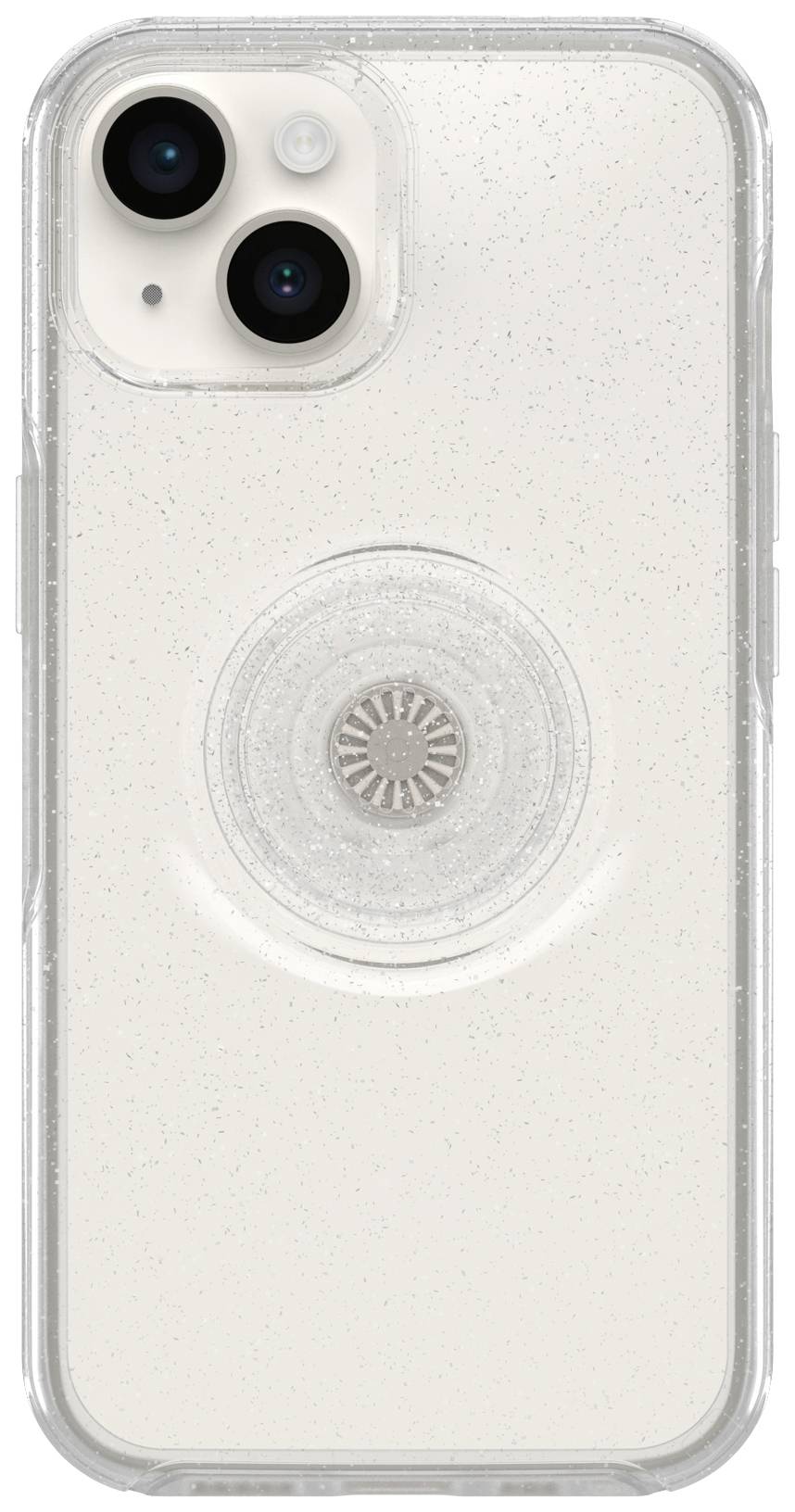 Biały smartfon z przezroczystą obudową, która ukazuje dwa obiektywy aparatu oraz okrągłą nakładkę z tyłu urządzenia.