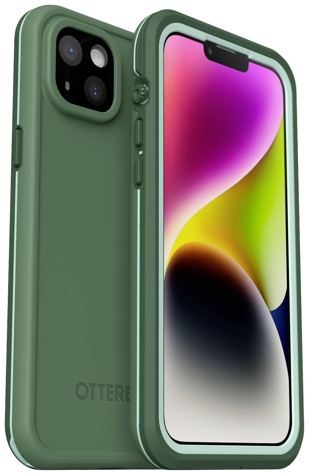 Smartfon w zielonym etui ochronnym. Na ekranie wyświetlany jest kolorowy obraz tła z gradientem.