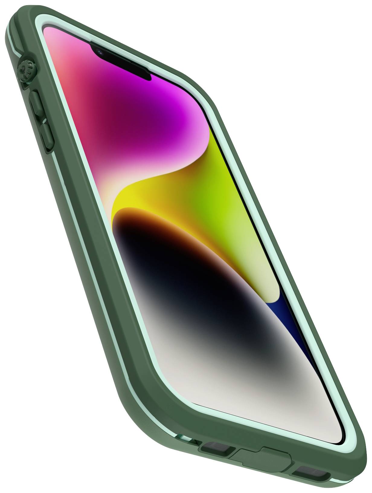 Smartfon w zielonej obudowie ochronnej z jasnym wyświetlaczem, na którym widać kolorowe obrazy.