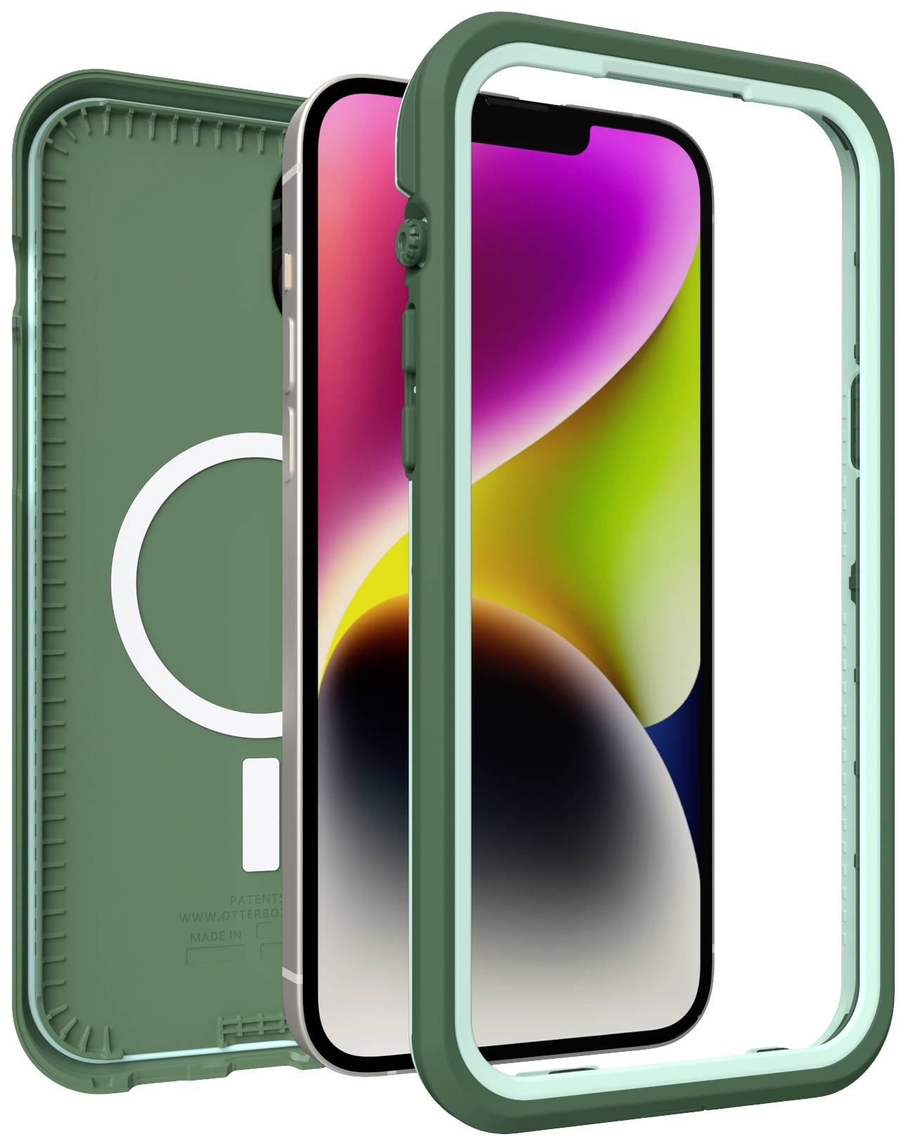 Zielony zestaw etui ochronnego na smartfona z widokiem z przodu i tyłu. Widok wewnętrzny smartfona prezentuje kolorowy ekran.