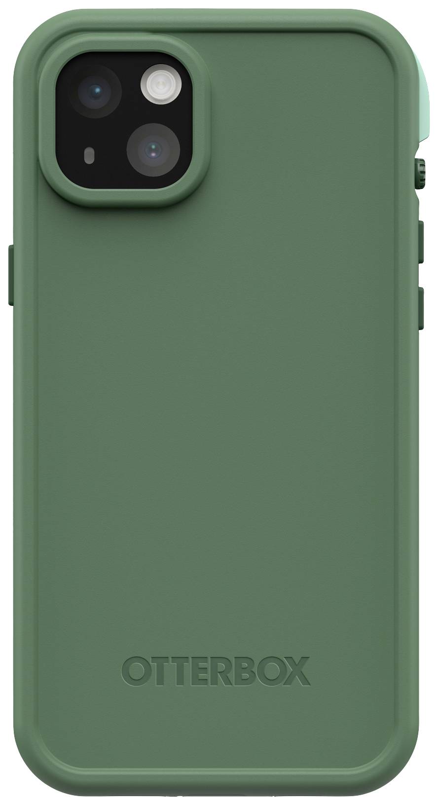 Zielony smartfon w etui ochronnym Otterbox. Aparat posiada dwa obiektywy i lampę błyskową. Pokrowiec zapewnia solidną ochronę.