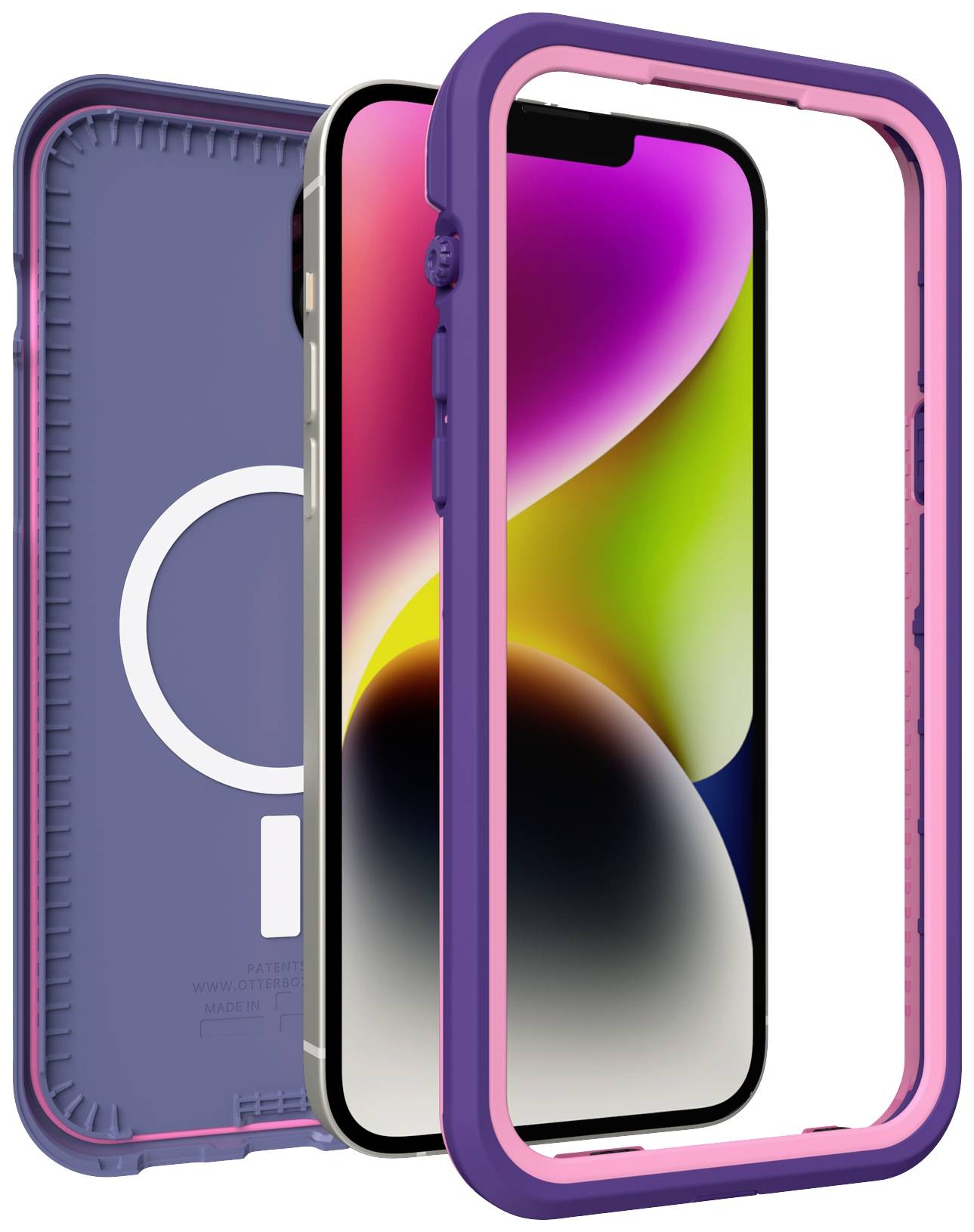 Smartfon z kolorowym ekranem w fioletowo-różowym etui ochronnym. Etui posiada przezroczystą przednią część, która ukazuje design smartfona.