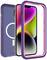 Smartfon z kolorowym ekranem w fioletowo-różowym etui ochronnym. Etui posiada przezroczystą przednią część, która ukazuje design smartfona.