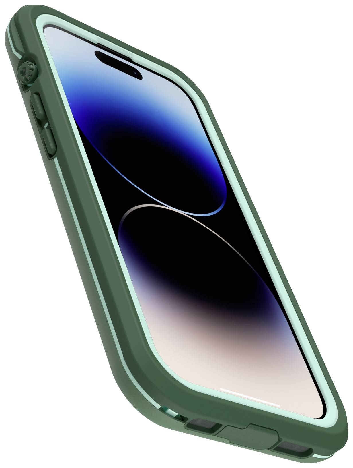 Smartfon w zielonym etui, ułożony poziomo, wyświetlacz pokazuje abstrakcyjny wzór w odcieniach niebieskiego i czarnego.