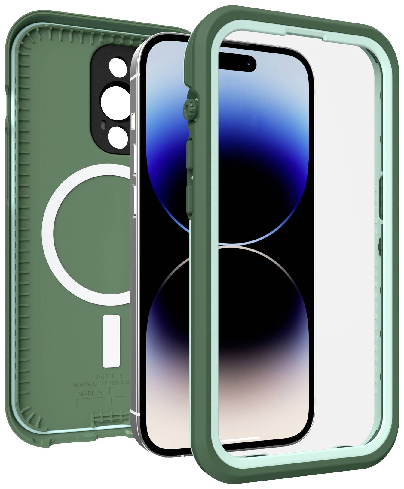 Dwie zielone obudowy do nowoczesnego smartfona. Jedna przedstawia przednią stronę z wyświetlaczem, druga - tylną stronę z pierścieniem magnetycznym.