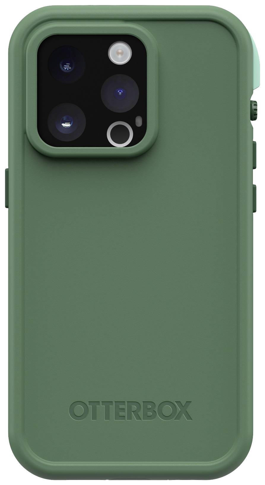 Zielona obudowa na telefon firmy OtterBox, widok od tyłu, z kwadratowym wycięciem na aparat i wytłoczonym logo marki u dołu.