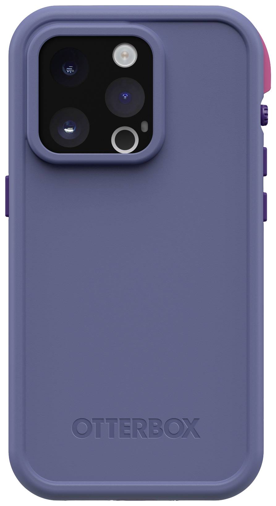 Fioletowe etui OtterBox na smartfona. Prezentuje wytrzymałą, ochronną tylną obudowę z wycięciem na aparat i przyciski.