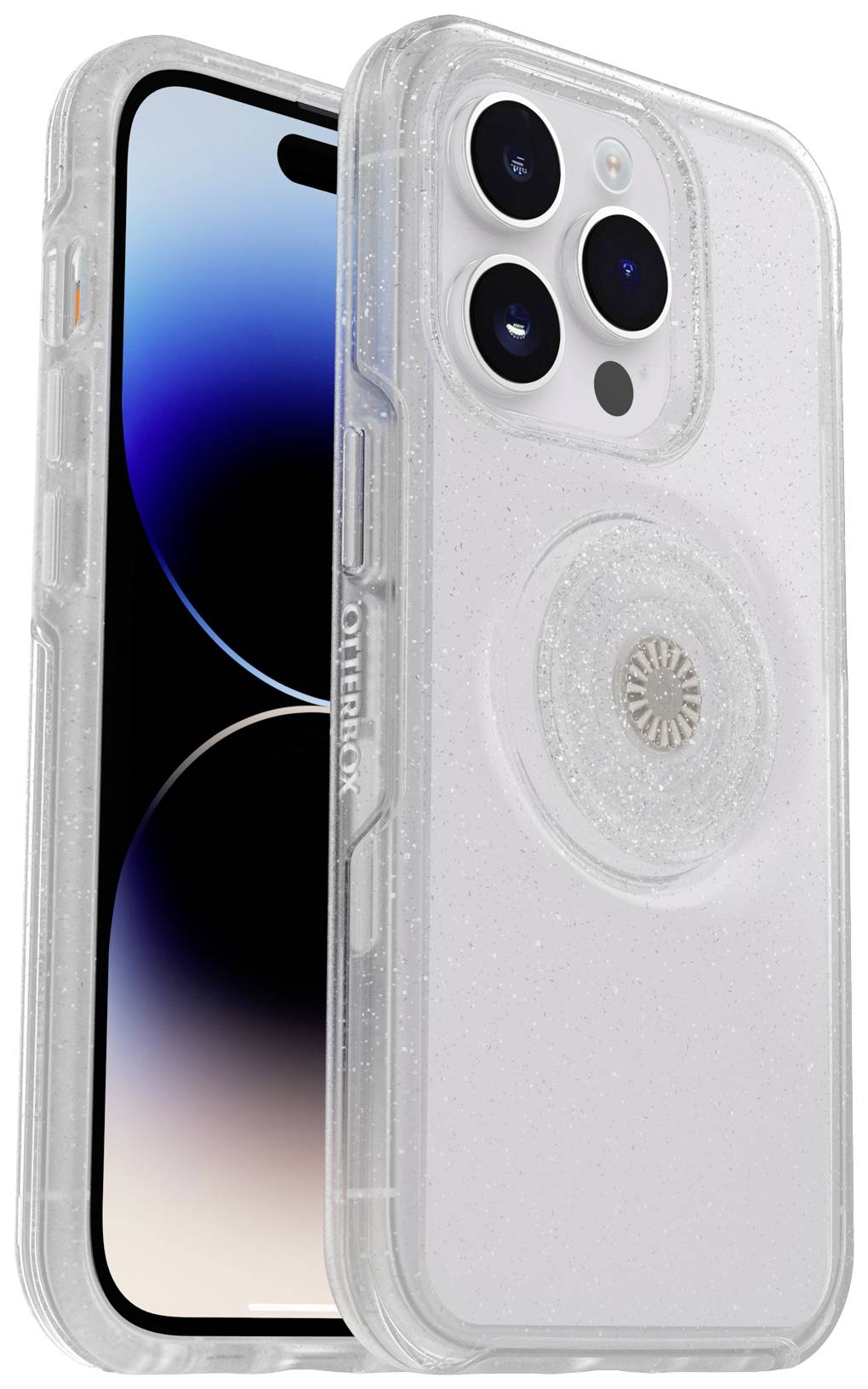 Smartfon z przezroczystą, błyszczącą obudową ochronną, posiadającą okrągłe wycięcie na tylnej części.