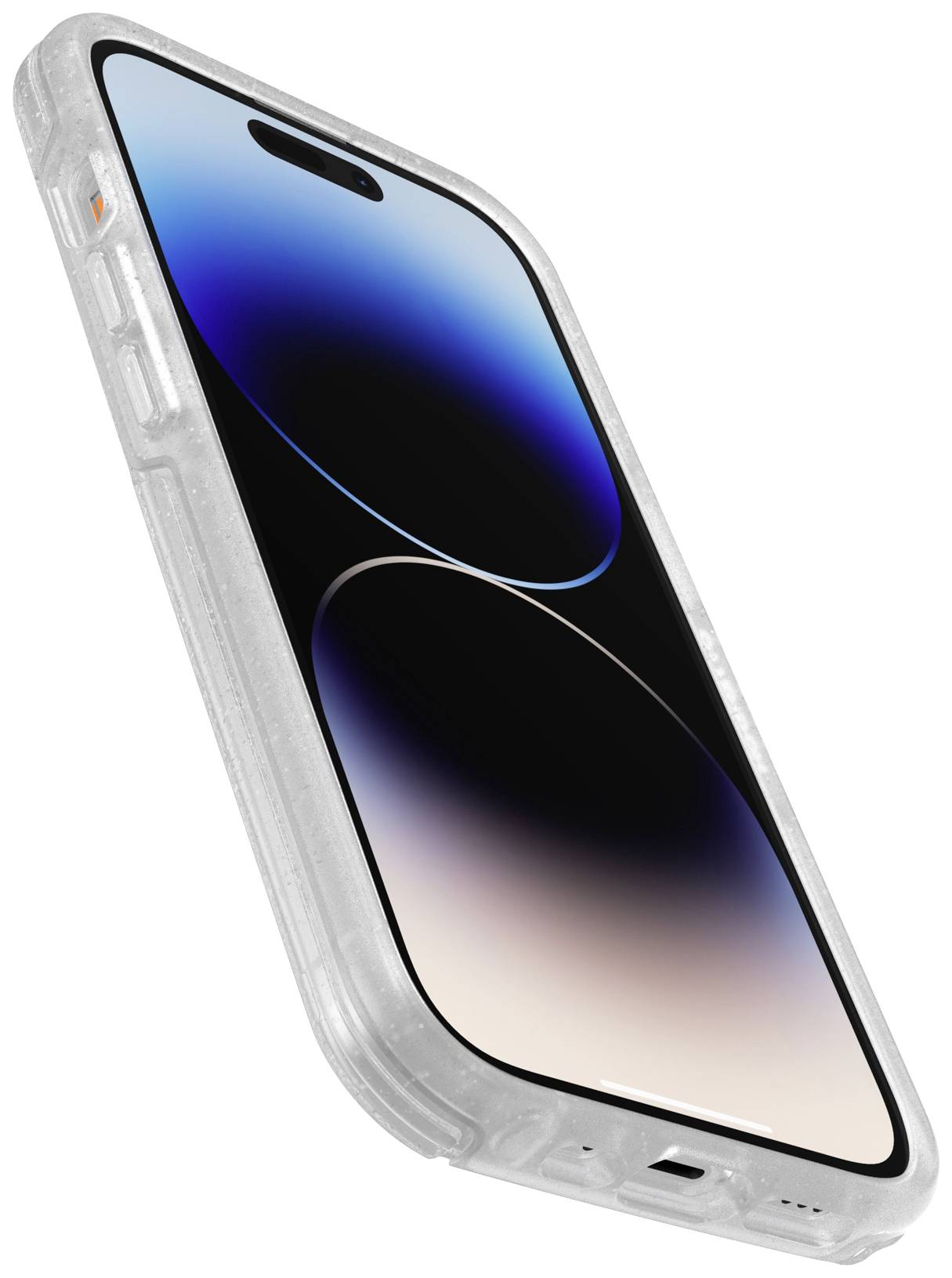 Smartfon z przezroczystym etui ochronnym, widok z ukosa. Wyświetlacz pokazuje stylizowany obraz z niebieskimi i czarnymi owalami.