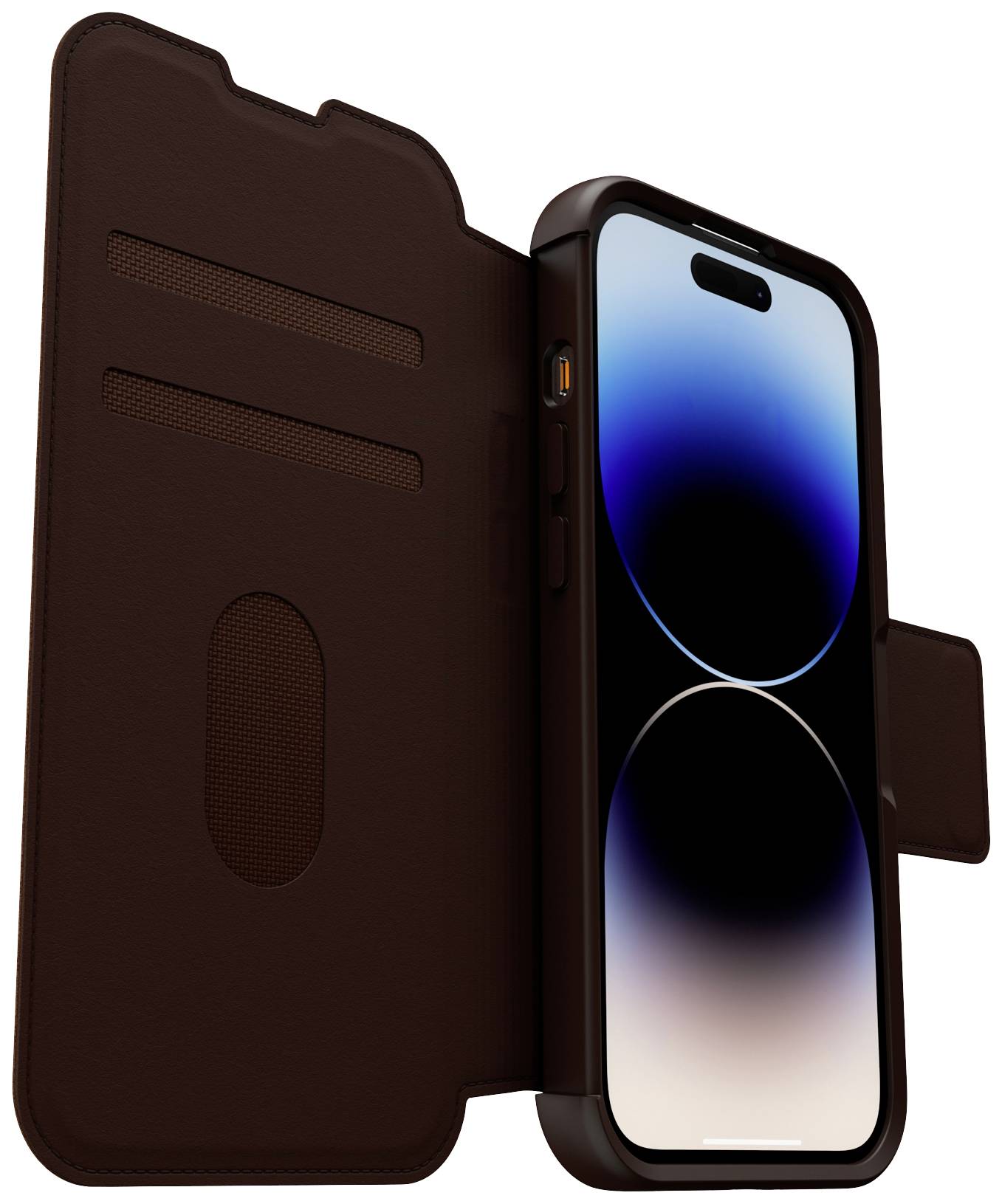 Czarny smartfon w składanym etui, z niebieskim i czarnym ekranem w kształcie koła.