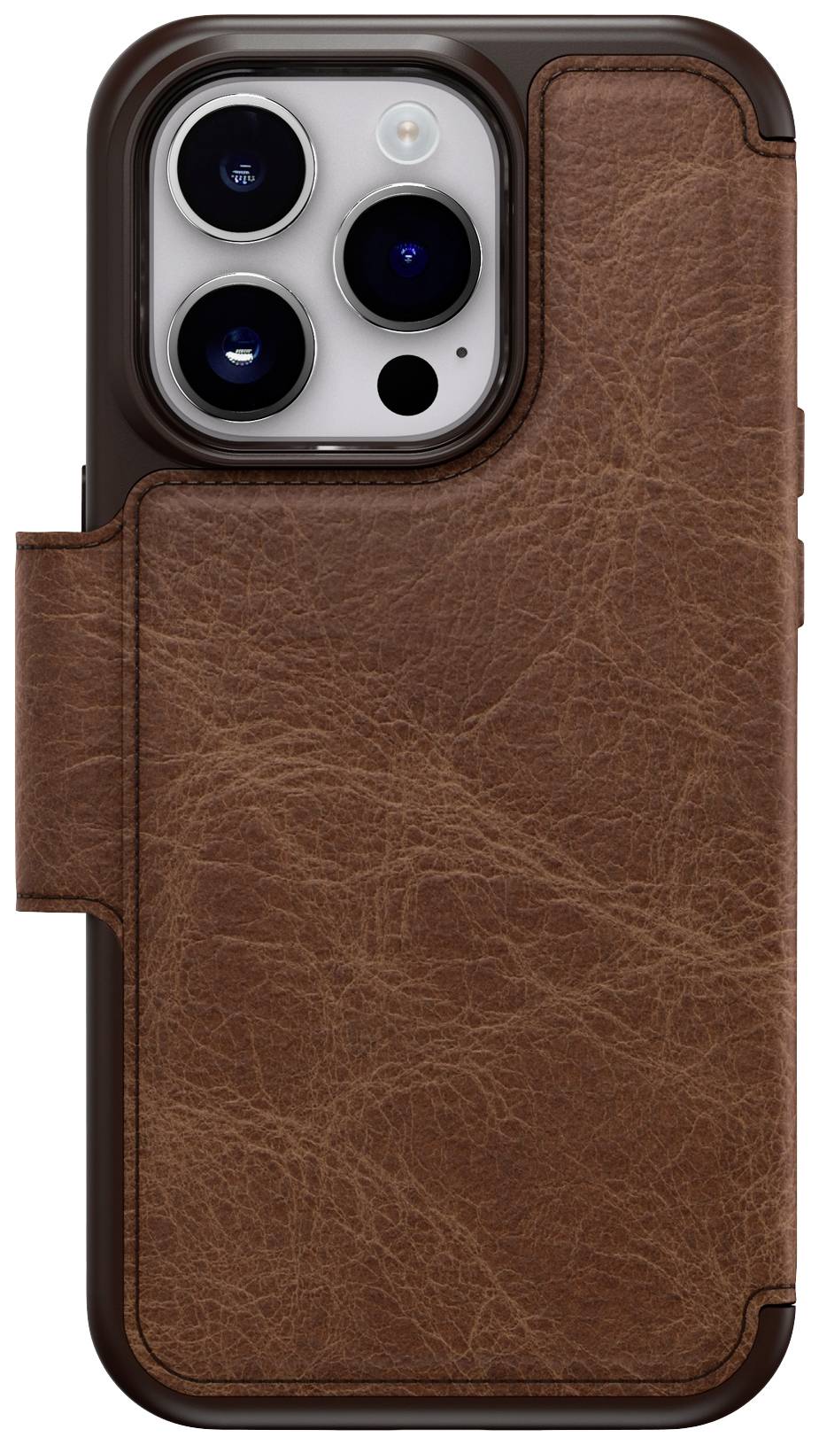 Smartfon z brązową skórzaną obudową. Widoczne są otwory na obiektywy aparatu.