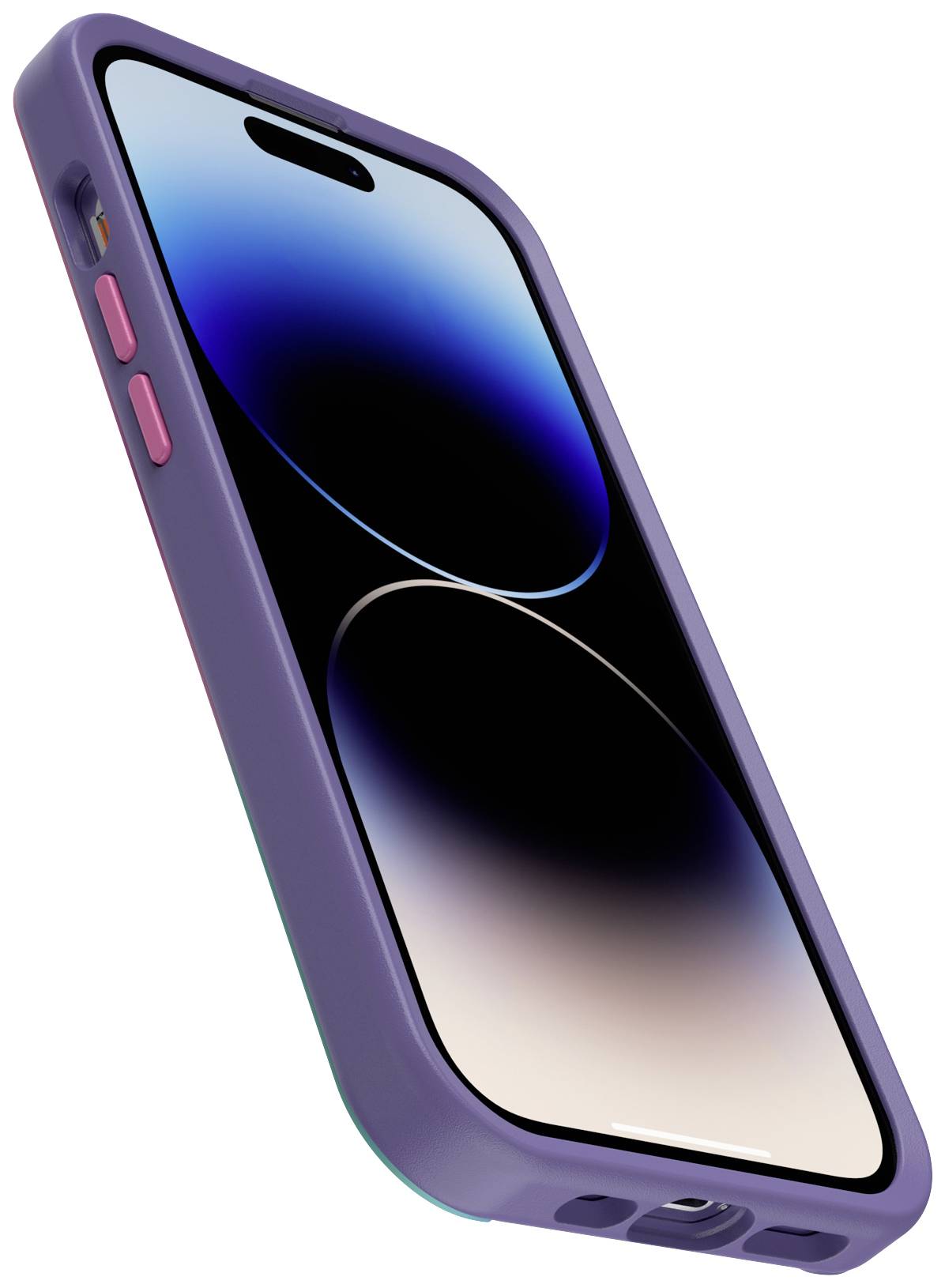 Smartfon w fioletowym etui, sfotografowany z boku, na wyświetlaczu widoczne abstrakcyjne kształty w kolorach niebieskim i czarnym.