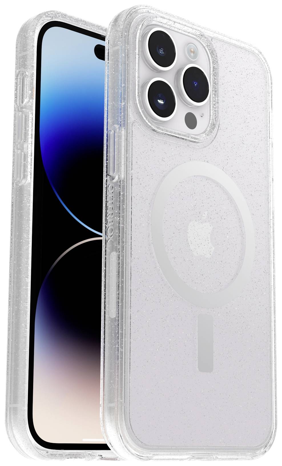 Przezroczyste etui na telefon kompatybilne z MagSafe prezentuje smartfon z niebiesko-czarnym ekranem.