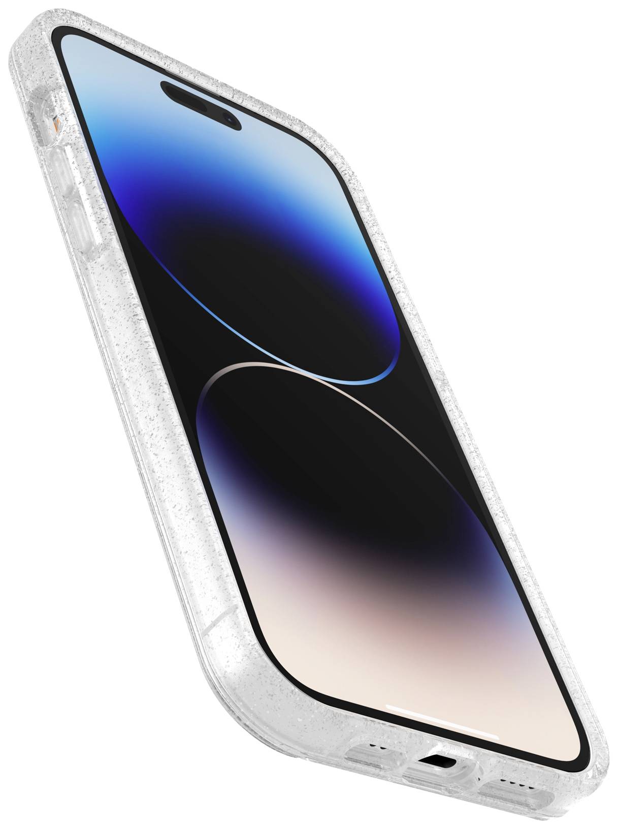 Smartfon z przezroczystą, brokatową obudową, sfotografowany pod skosem. Na ekranie wyświetlane są abstrakcyjne niebieskie i czarne kręgi.