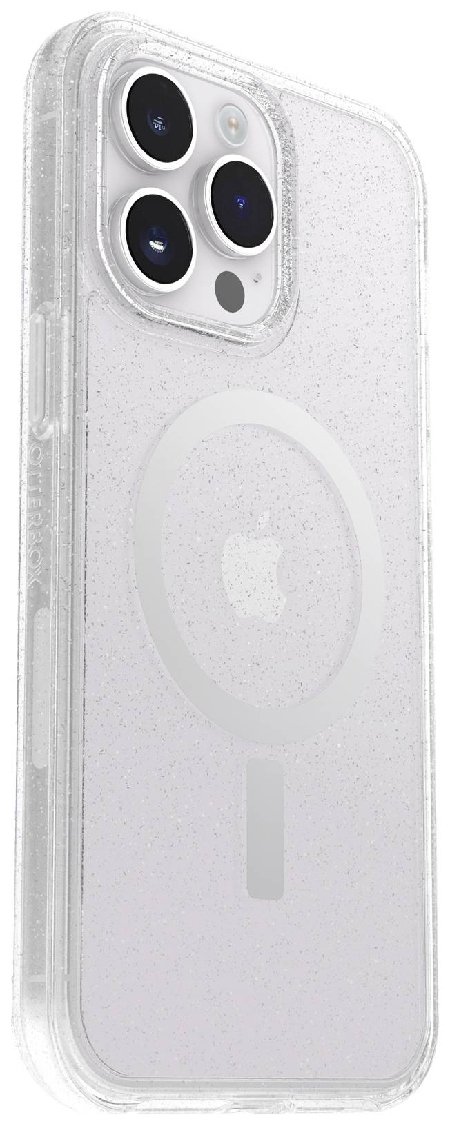 Przezroczyste etui na telefon z funkcją MagSafe dla iPhone'a. Na tylnej stronie widoczny jest okrągły symbol MagSafe oraz logo Apple.