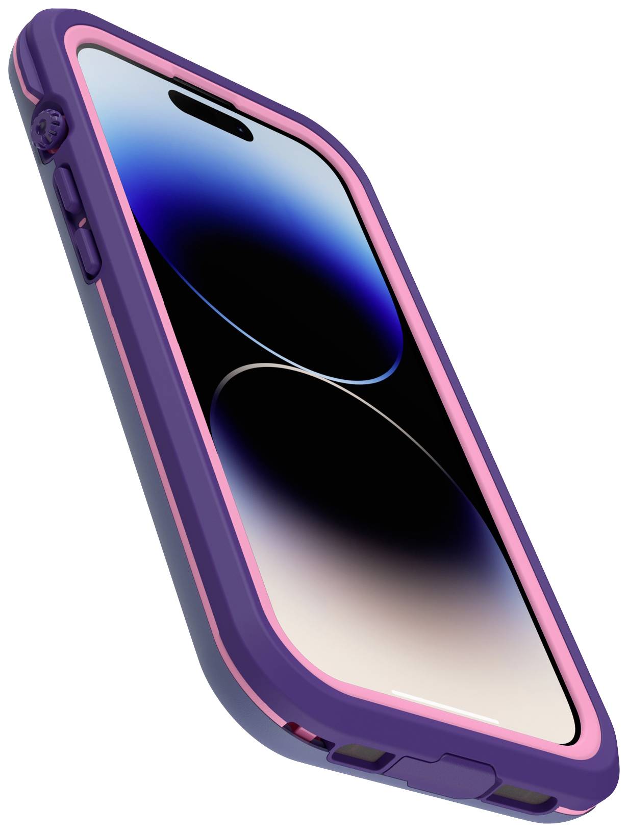 Smartfon w etui w kolorze liliowo-różowym z zaokrąglonymi rogami, na ekranie widoczne abstrakcyjne czarne i niebieskie koła na jasnym tle.