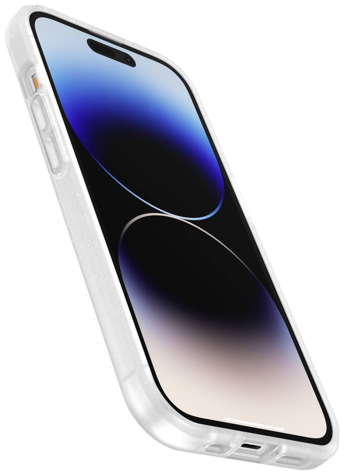 Smartfon z niebiesko-czarnym wyświetlaczem, białą obudową i kilkoma przyciskami z boku. Urządzenie jest wodoodporne do głębokości 2 metrów.