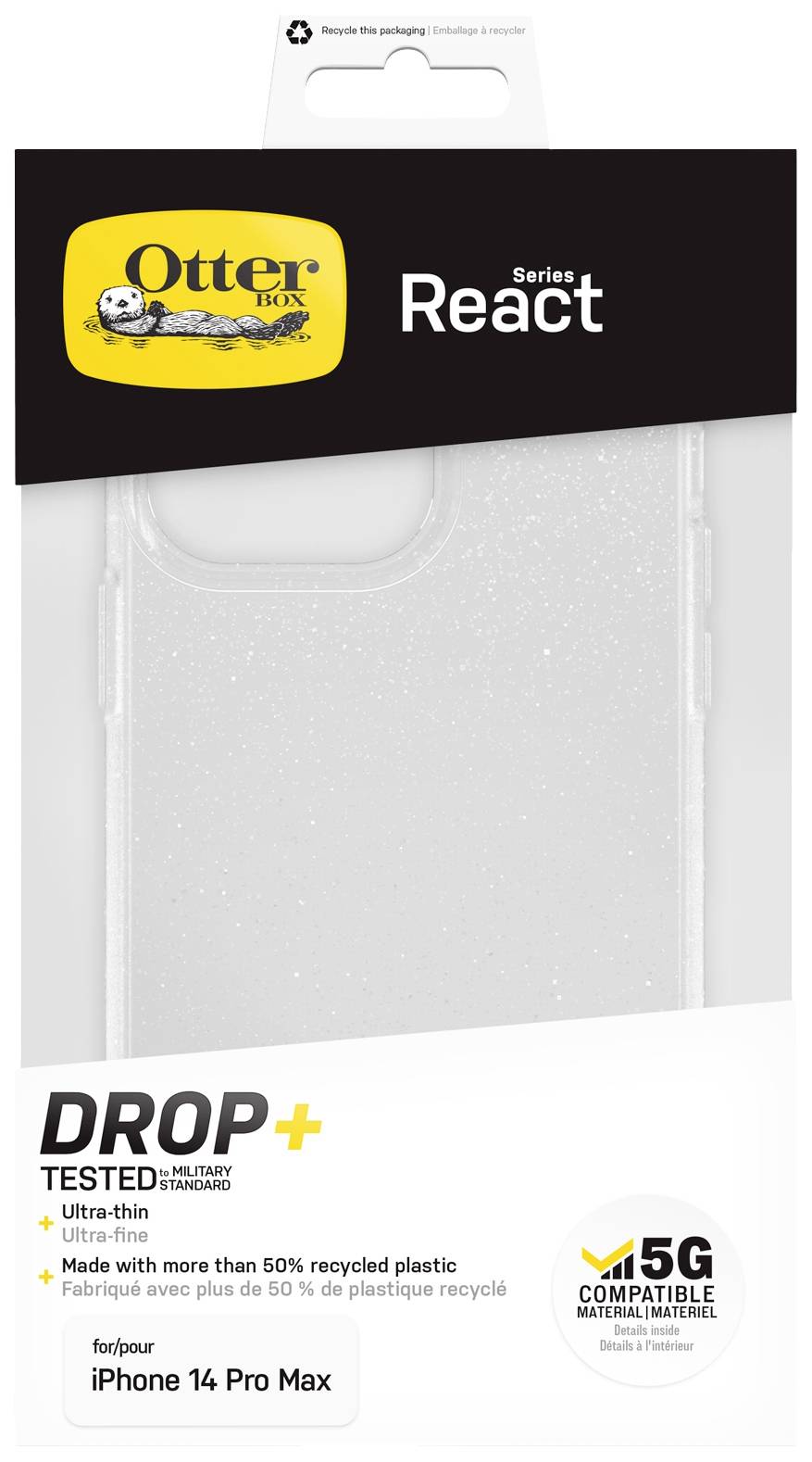Opakowanie etui na telefon marki OtterBox dla iPhone 14 Pro Max, opis materiału: ponad 50% przetworzonego plastiku, kompatybilne z siecią 5G.