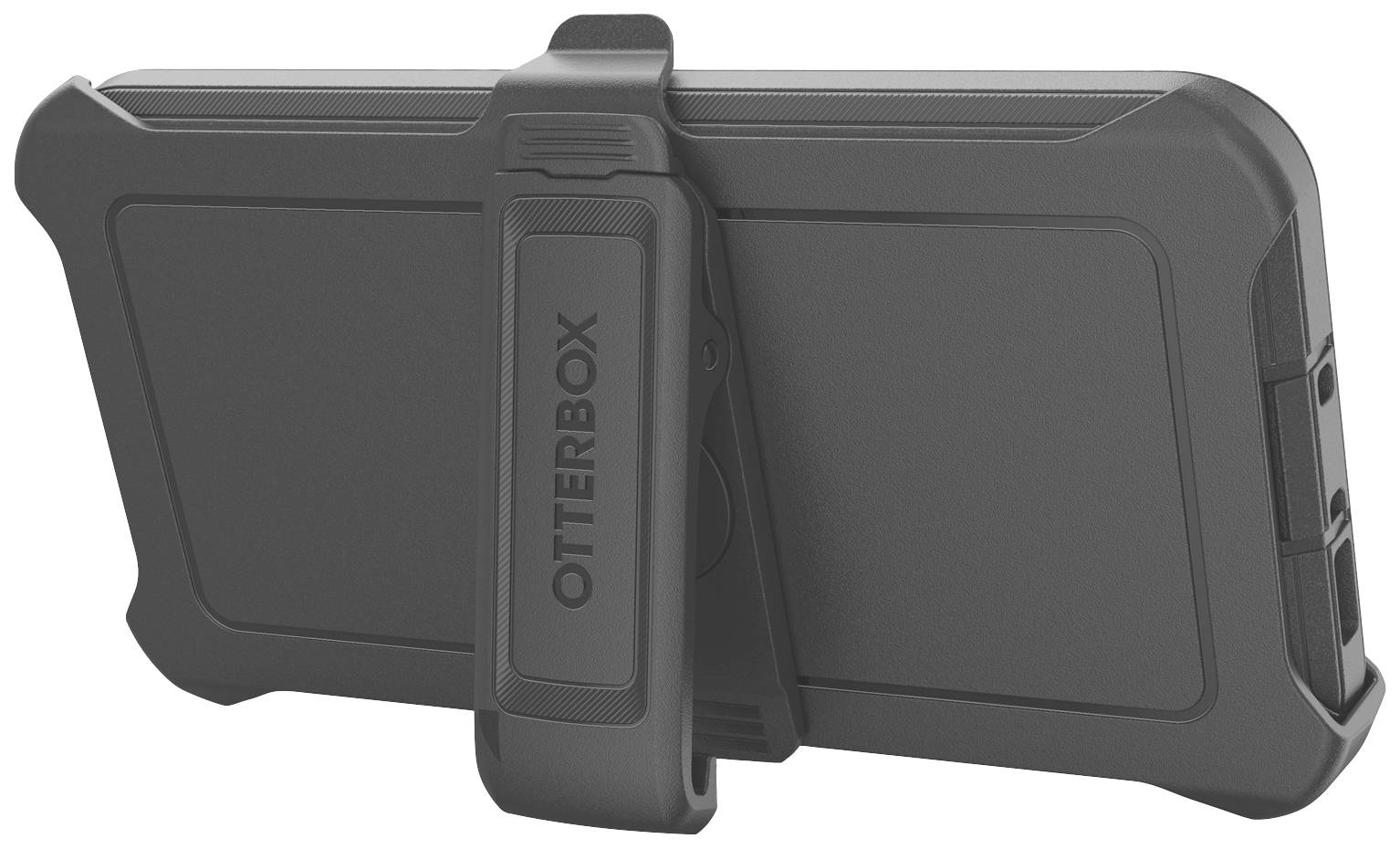 Etui na telefon marki Otterbox, ciemnoszare, z wytrzymałym stojakiem do pozycji poziomej.