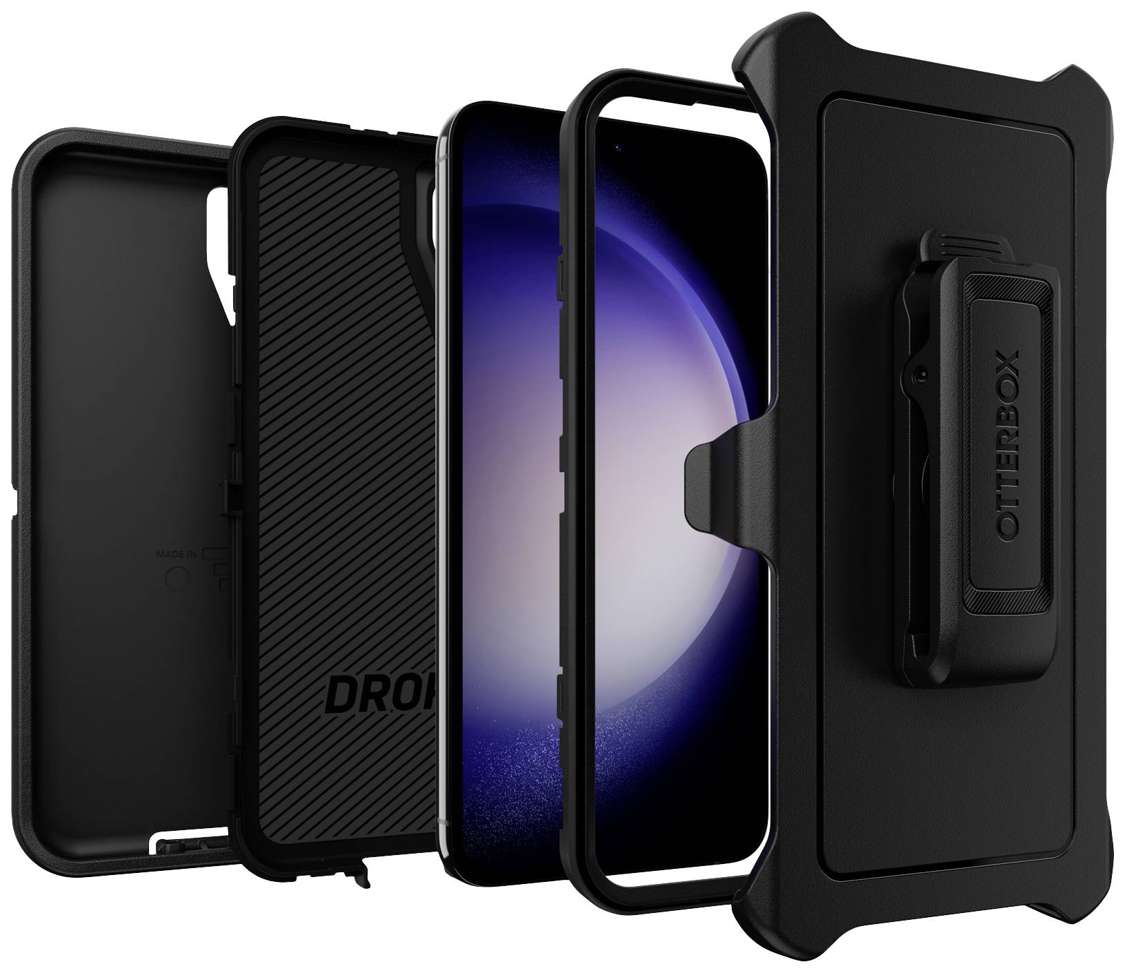 Telefon Samsung Galaxy w zestawie ochronnym OtterBox, składającym się z przezroczystej obudowy, twardej osłony oraz klipsa do paska.