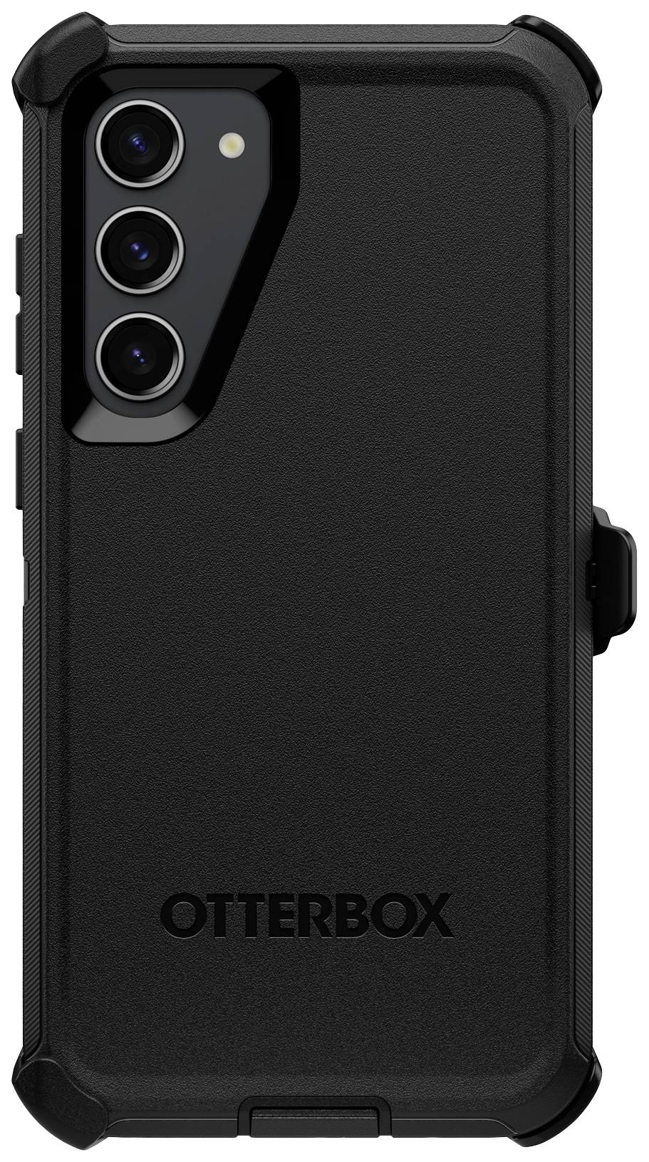 Wytrzymałe, czarne etui na telefon marki Otterbox z potrójnym wycięciem na aparat, odpowiednie do ochrony nowoczesnego smartfona.