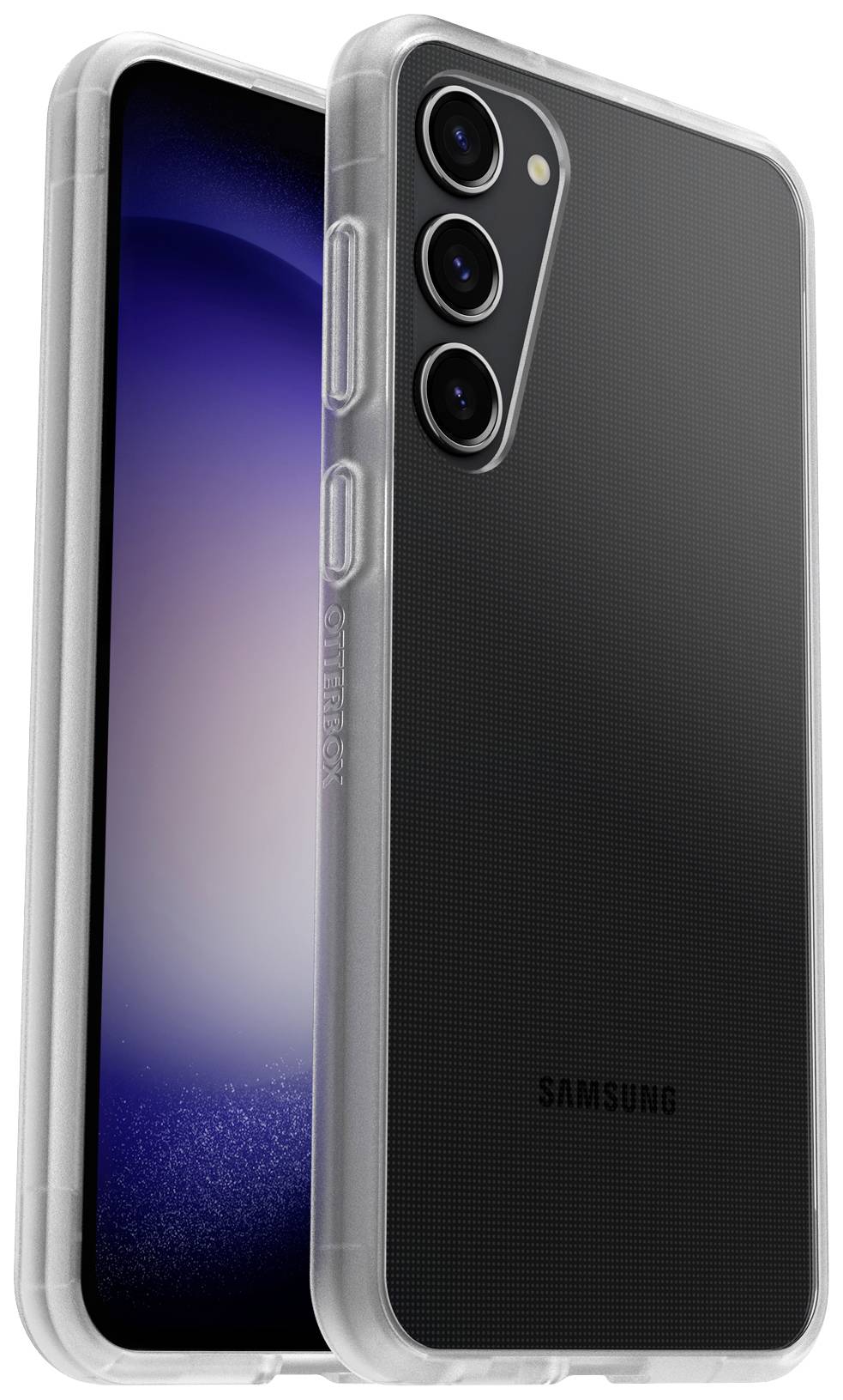 Smartfon w czarnej obudowie z przezroczystą ochronną osłoną. Z tyłu widoczne są trzy obiektywy aparatu.