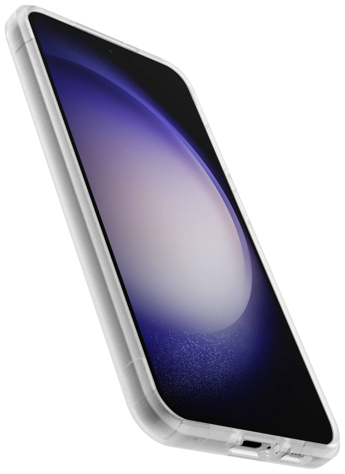 Smartfon z boku w przezroczystym etui. Ekran wyświetla niebieskofioletowy, abstrakcyjny wzór.