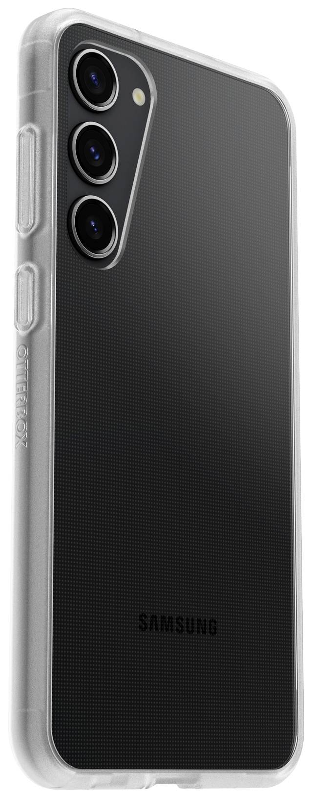 Tylna strona czarnego smartfona Samsung z trzema obiektywami aparatu w przezroczystej obudowie ochronnej.