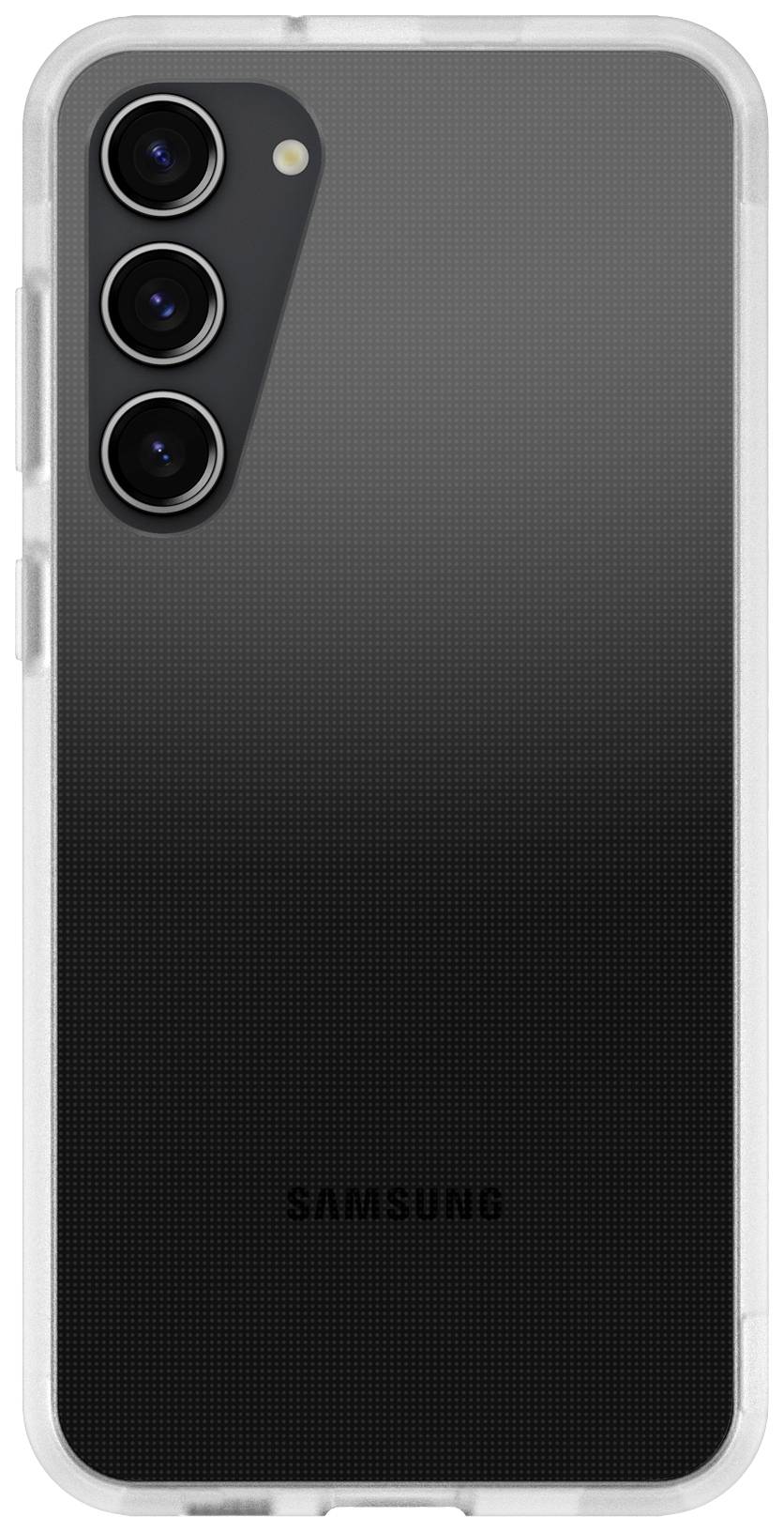 Nowoczesny smartfon w przezroczystej obudowie ochronnej. Na tylnej stronie widać trzy obiektywy aparatu ułożone jeden nad drugim.