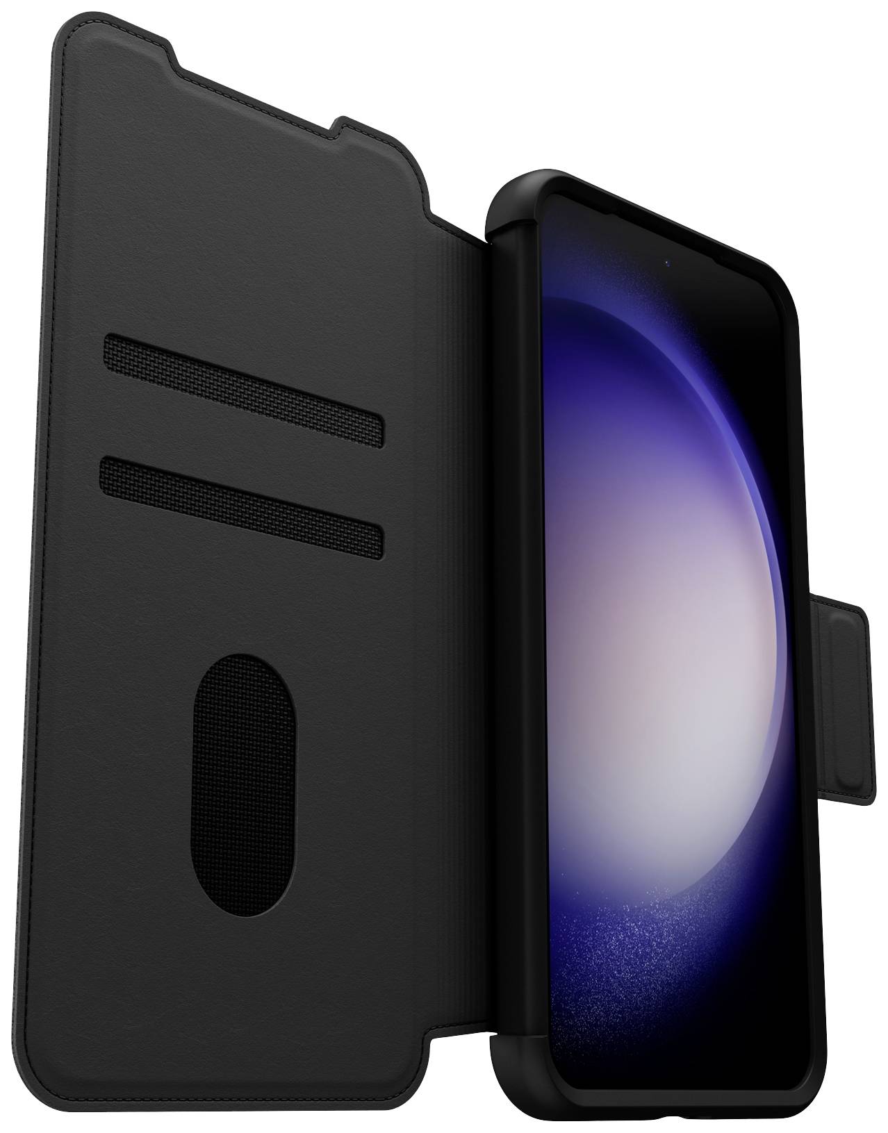 Smartfon w czarnym, składanym etui ochronnym, z widocznym ekranem. Etui posiada szczeliny do przechowywania kart.