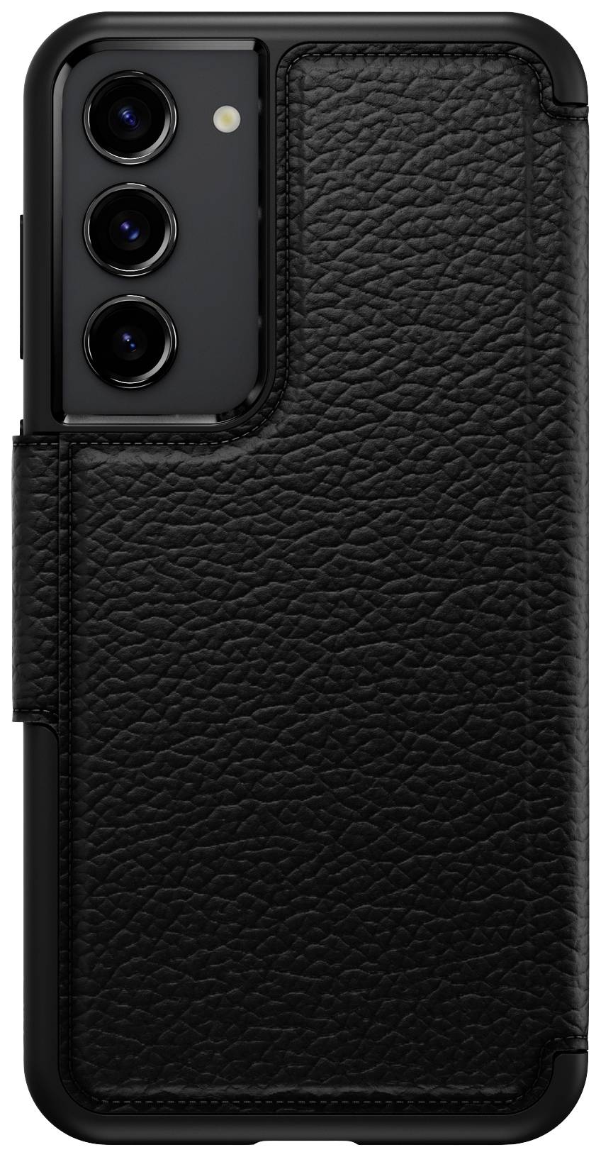 Czarna obudowa na telefon z fakturą skóry, dopasowana do smartfona z trzema obiektywami kamery ułożonymi pionowo w lewym górnym rogu.