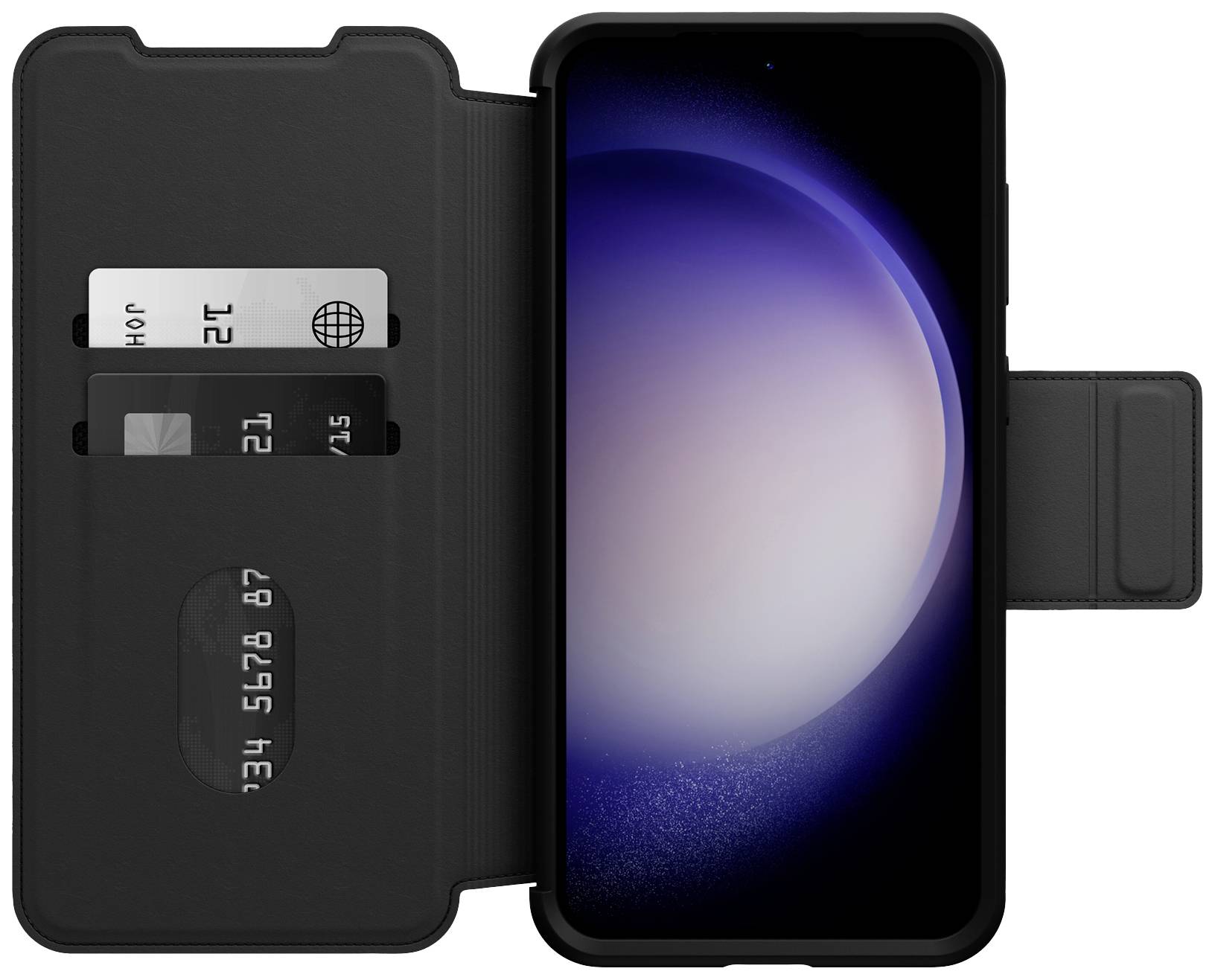 Smartfon w otwartym etui z widocznymi dwoma przegródkami na karty, jedna z nich zawiera kartę. Ekran wyświetla niebieskie podświetlenie.