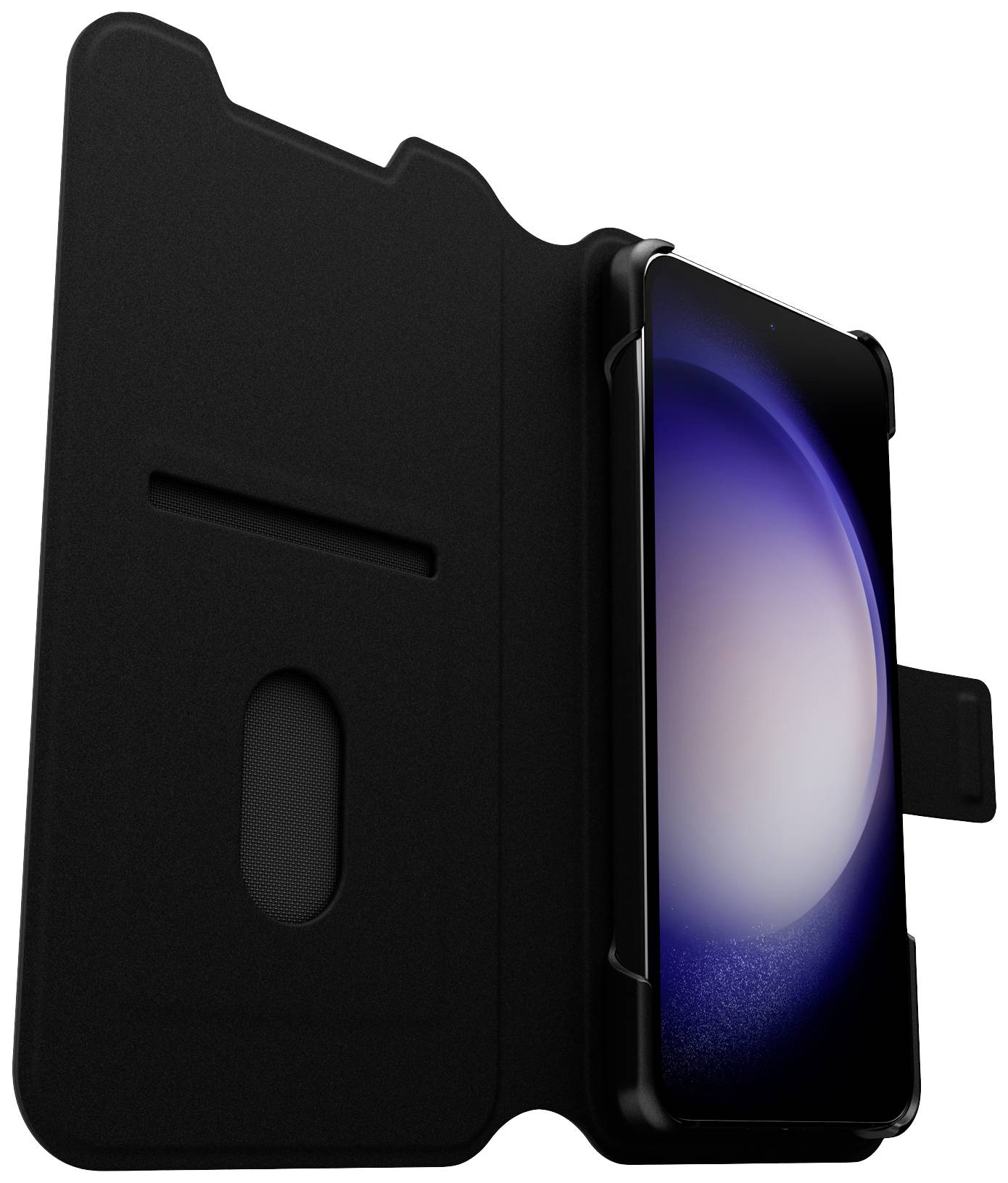 Czarna silikonowa obudowa na telefon z klapką. Po prawej stronie widoczny jest smartfon, którego ekran wyświetla abstrakcyjny obraz w odcieniach niebieskiego i białego.