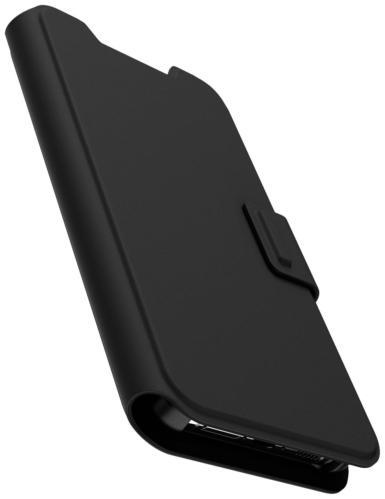Czarna obudowa ochronna do smartfona, stojąca w pionie, z zamknięciem. Chroni urządzenie przed uderzeniami i zarysowaniami.