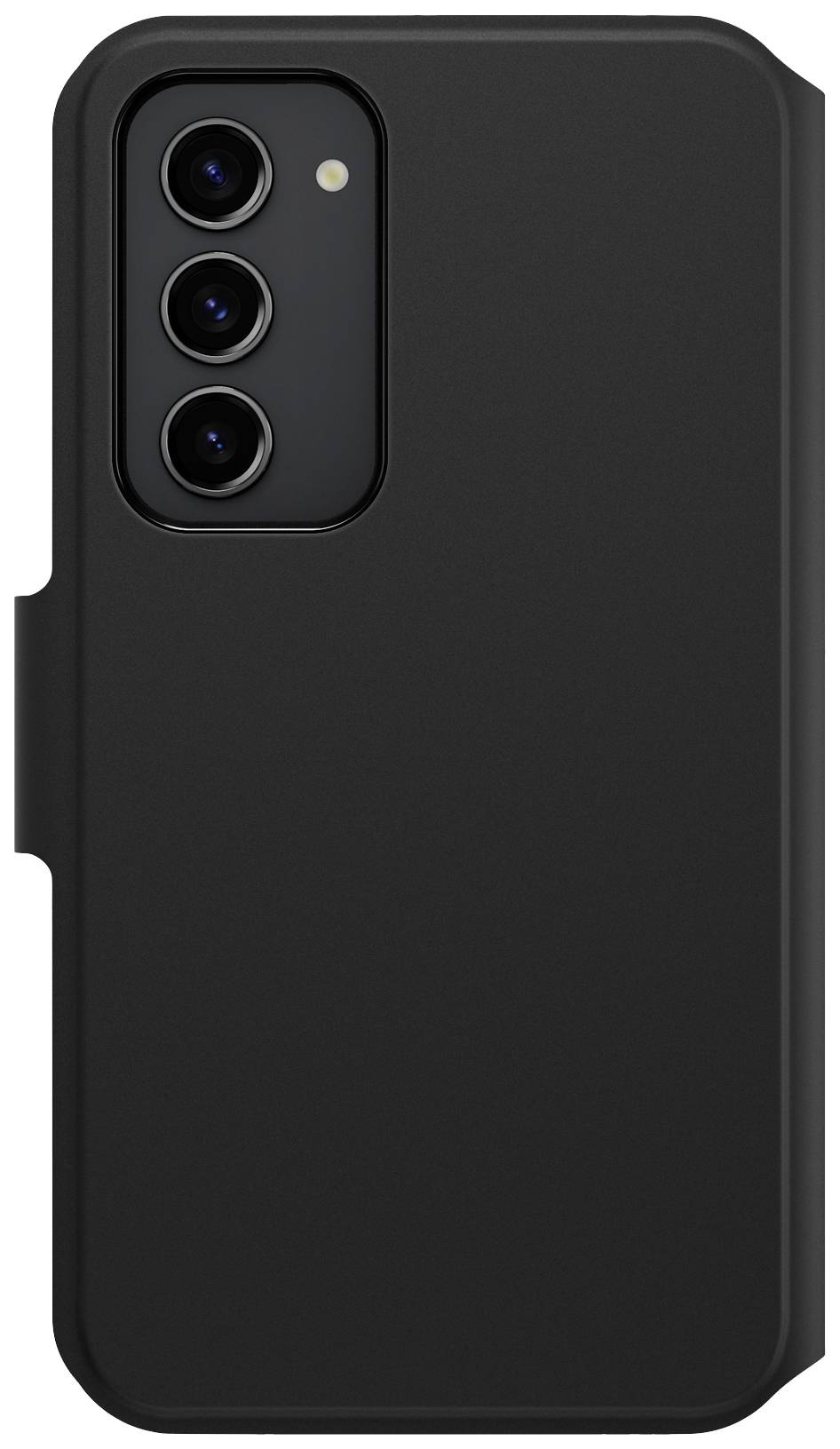 Czarna obudowa ochronna do smartfona z wycięciem na trzy obiektywy aparatu i lampę błyskową z tyłu.