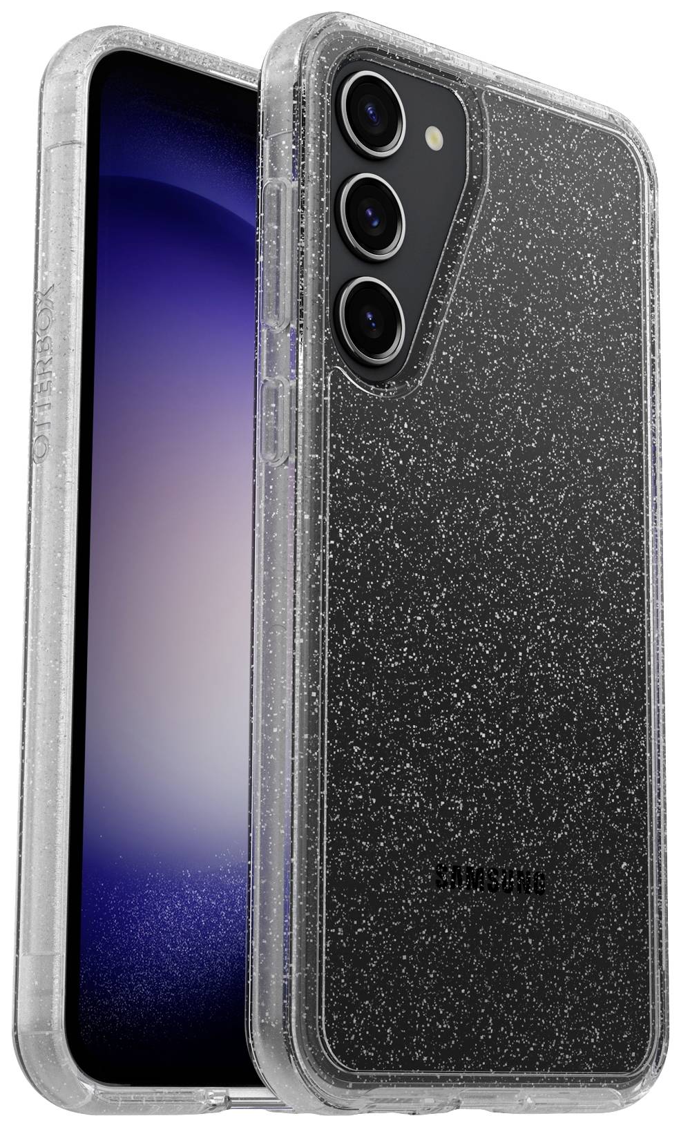 Czarny smartfon z przezroczystą, błyszczącą obudową jest przedstawiony na zdjęciu. Urządzenie posiada trzy aparaty na tylnej stronie.