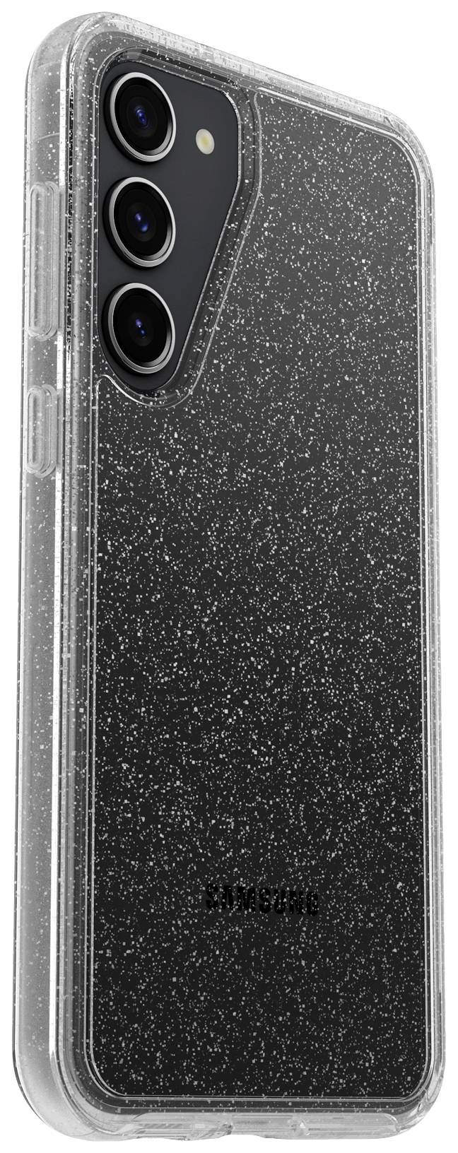 Przezroczyste etui na telefon z brokatem, nałożone na smartfona z trzema aparatami z tyłu.