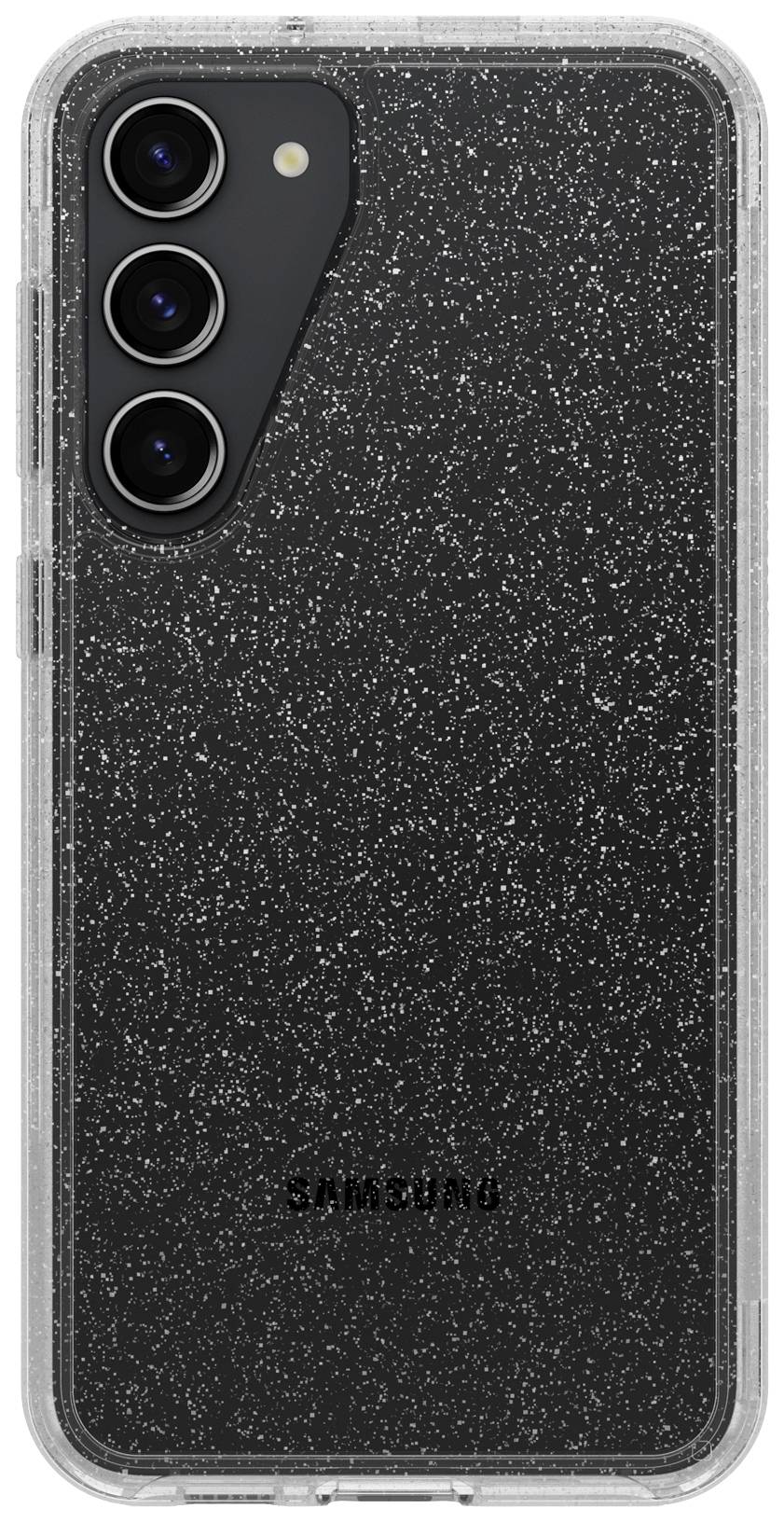 Smartfon z przezroczystą, błyszczącą obudową. Trzy obiektywy aparatu znajdują się w lewym górnym rogu tylnej części telefonu.