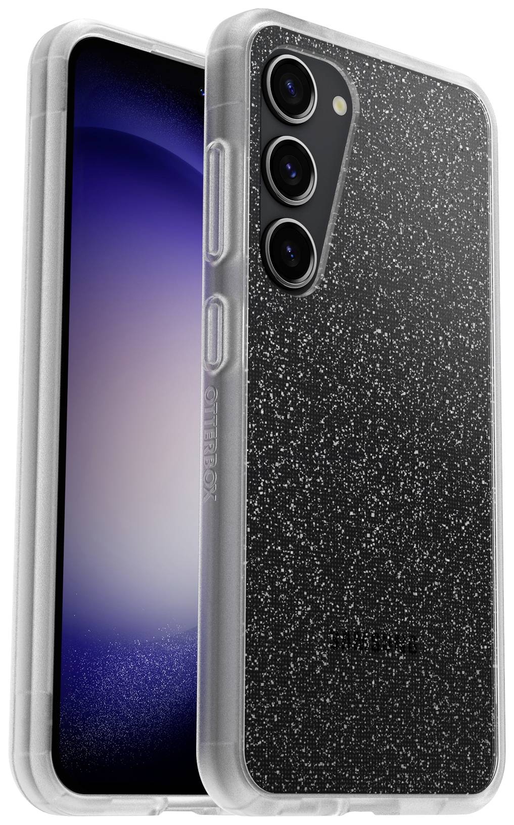 Smartfon z opalizującą obudową, ukazujący trzy obiektywy aparatu. Na ekranie widać abstrakcyjny, niebieski wzór świetlny.