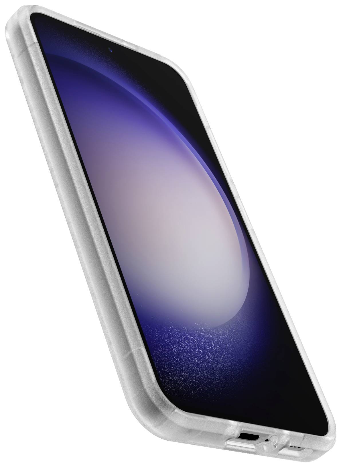 Nowoczesny smartfon z przezroczystą obudową ochronną, sfotografowany pod skosem z boku, na białym tle.